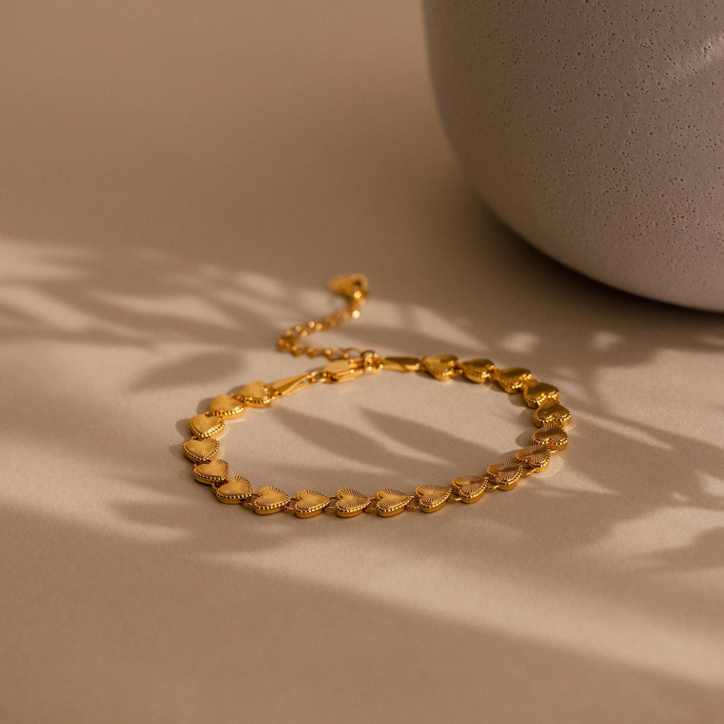 Ribbed Heart Link Bracelet Silver 18K Gold Plated