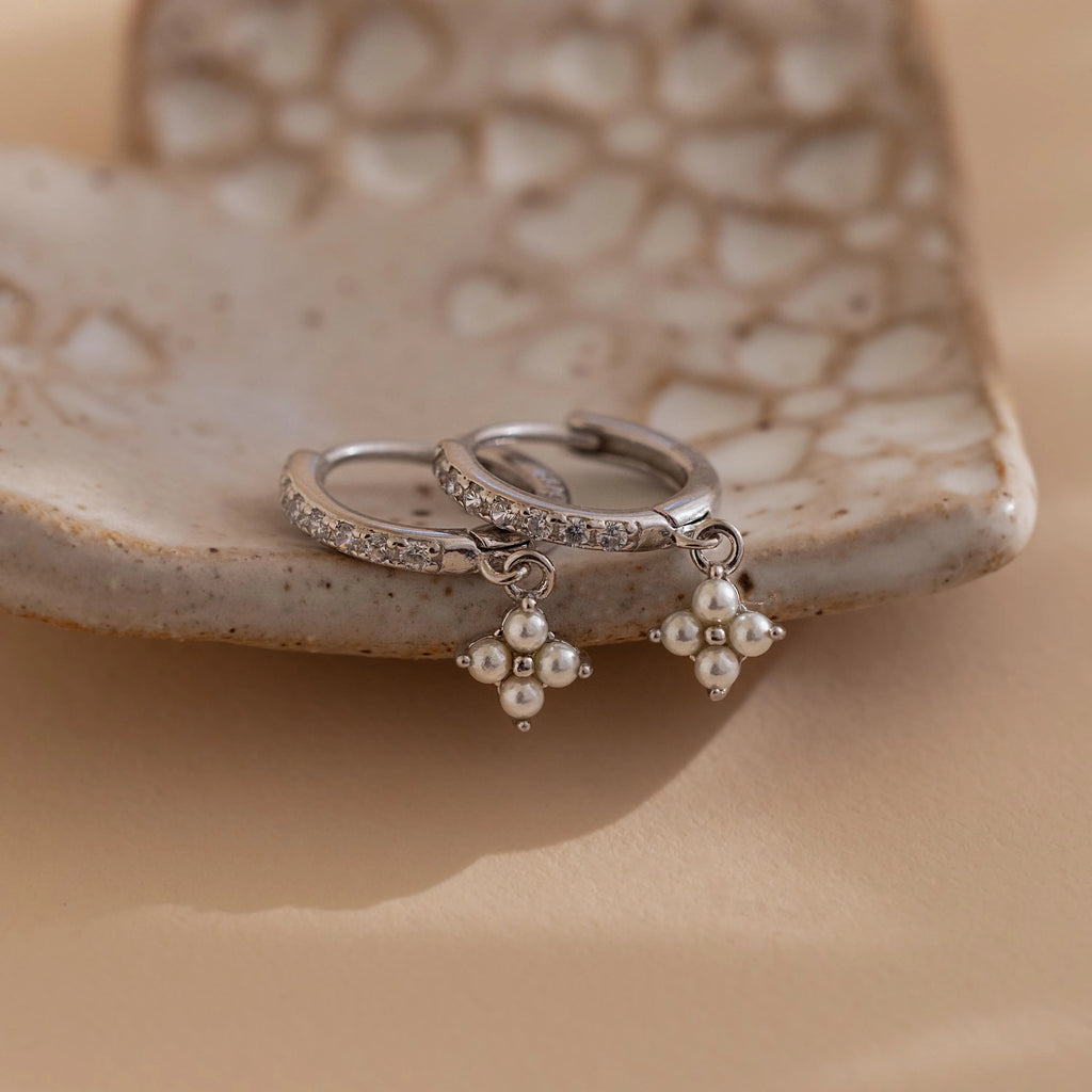 Pearl Ivy Flower Huggies Silver 18K Gold Plated