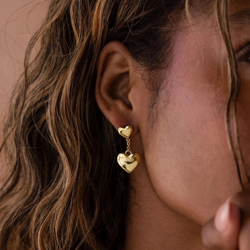 Duo Heart Drop Studs Silver 18K Gold Plated