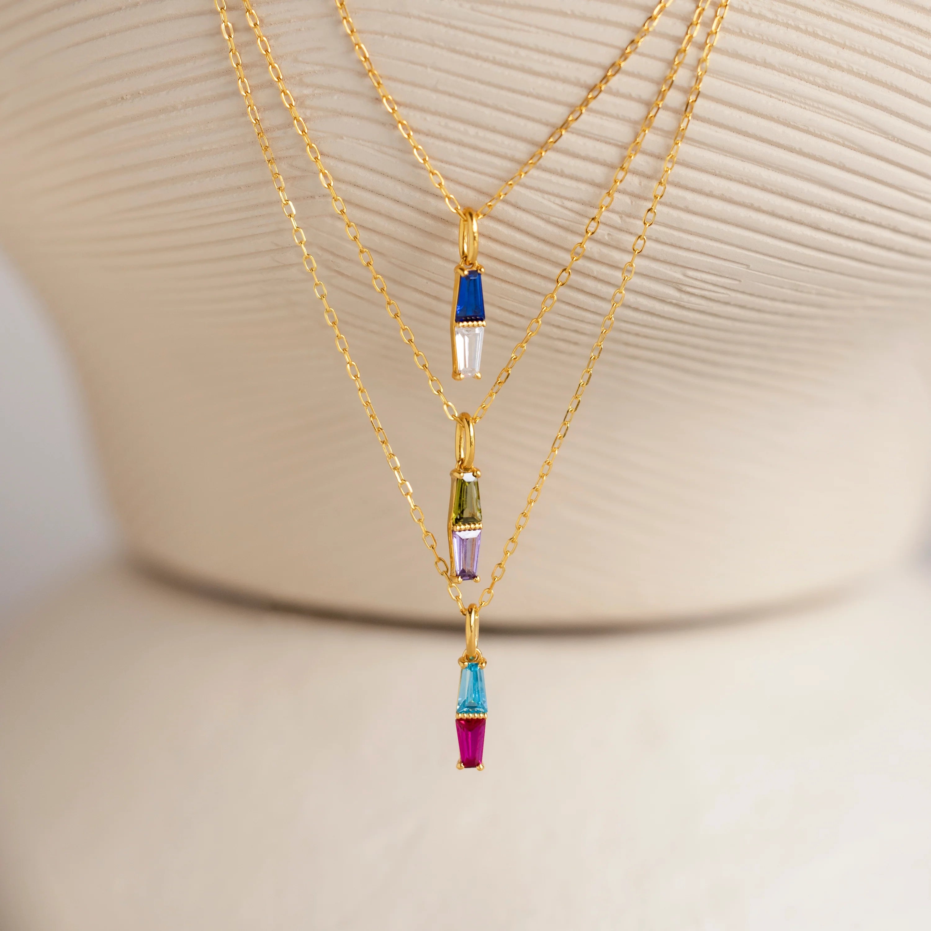 Toi et Moi Tapered  Baguette Birthstone Necklace Silver 18K Gold Plated