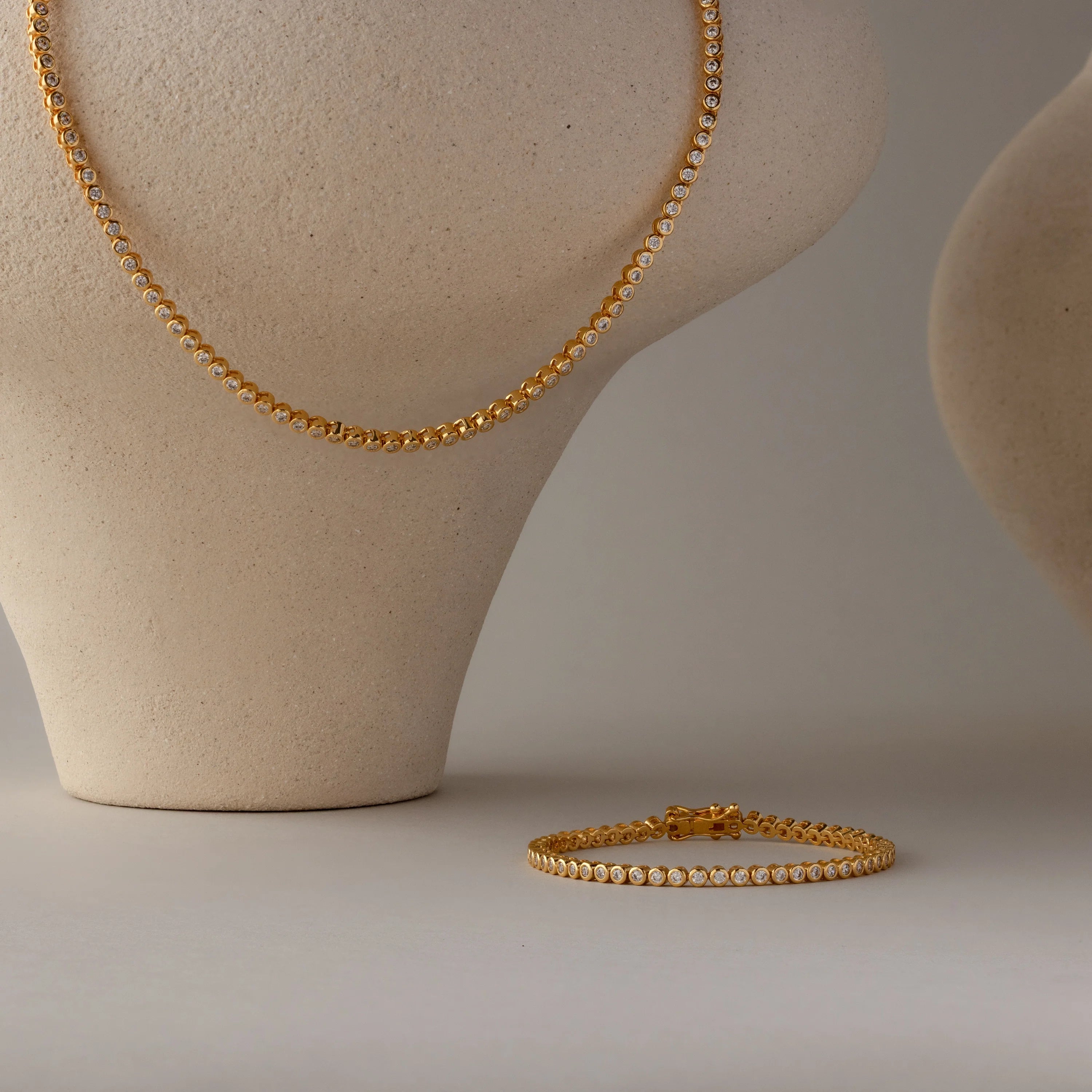 Diamond Bezel Tennis Necklace & Bracelet Set Silver 18K Gold Plated