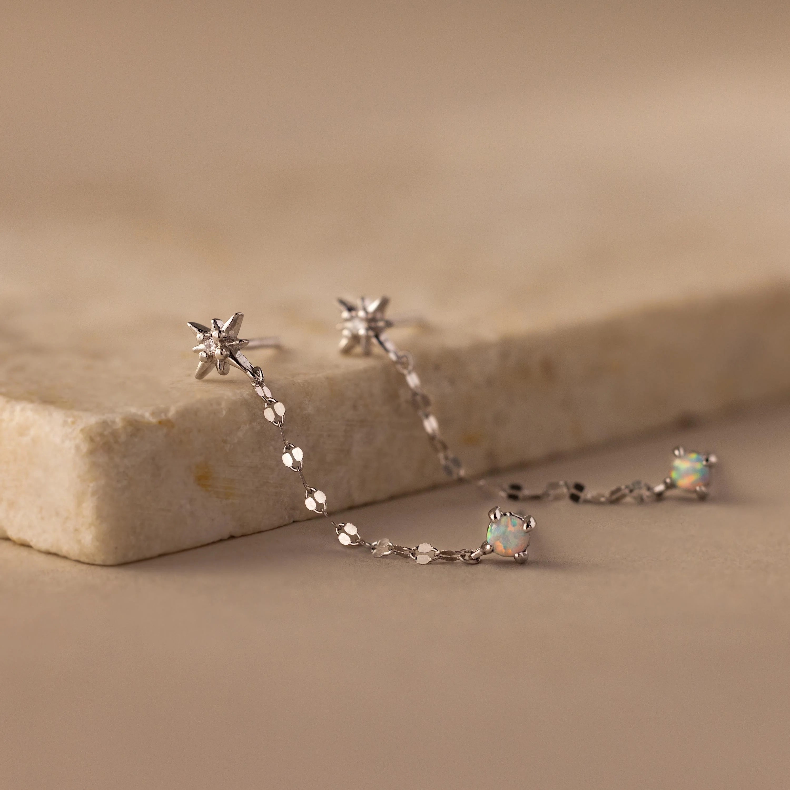 Opal & Star Duo Chain Studs  Silver 18K Gold Plated