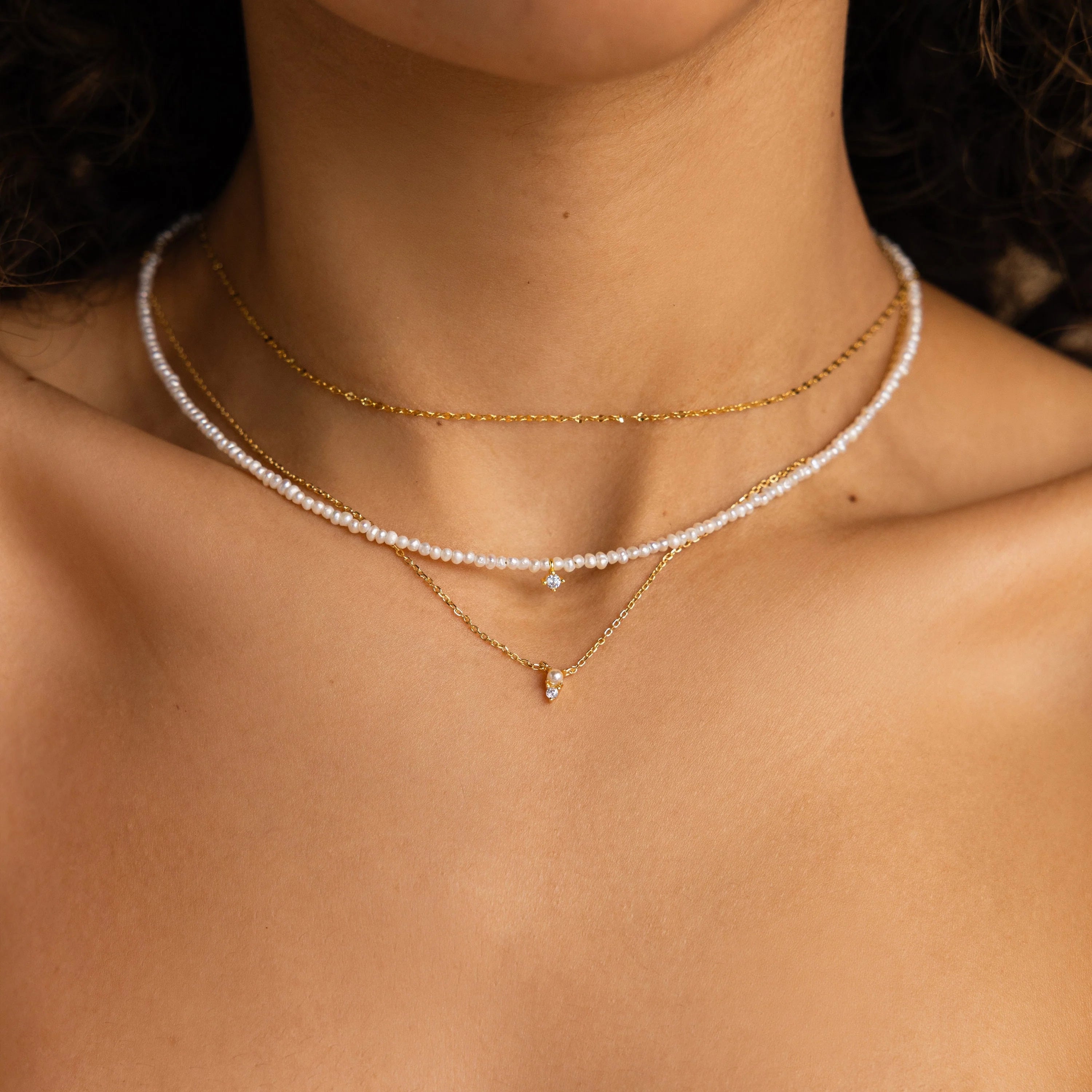 Pearl & Diamond Duo Necklace Silver 18K Gold Plated