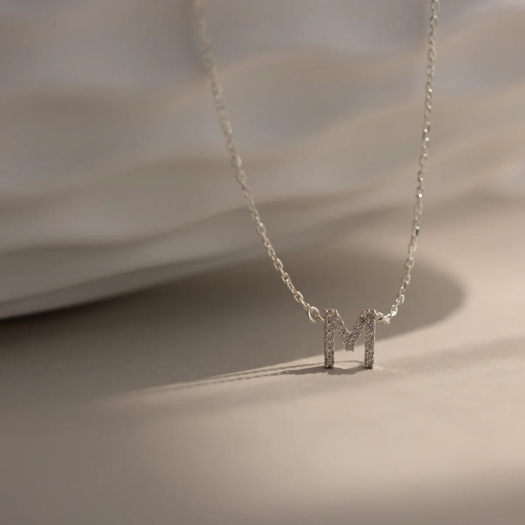 Pave Initial Necklace Silver 18K Gold Plated