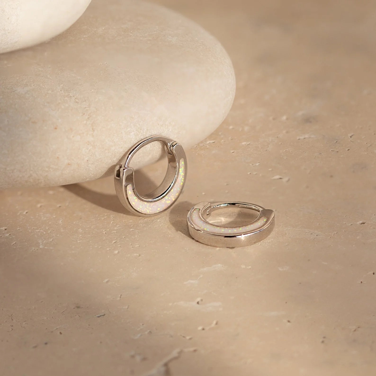 Crescent Moon Opal Huggies Silver 18K Gold Plated