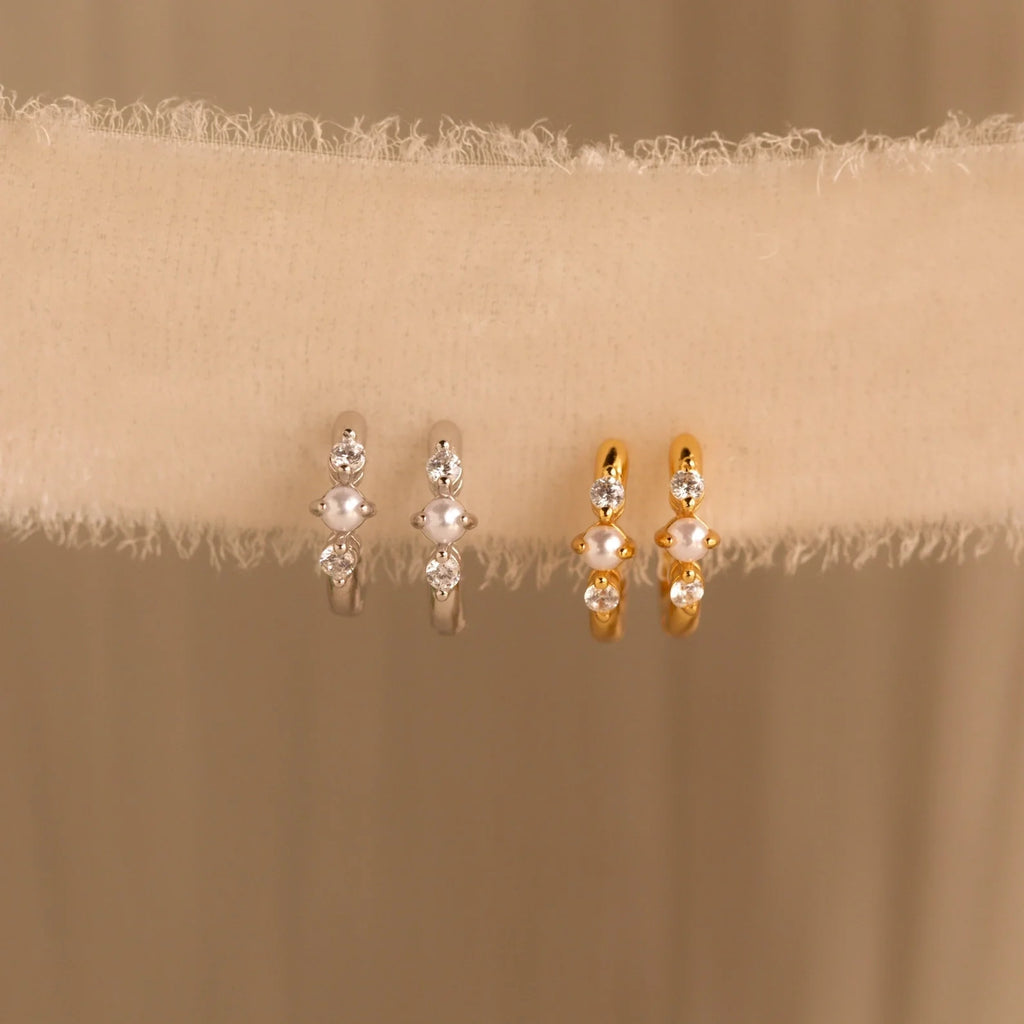 Pearl Diamond Huggies Silver 18K Gold Plated