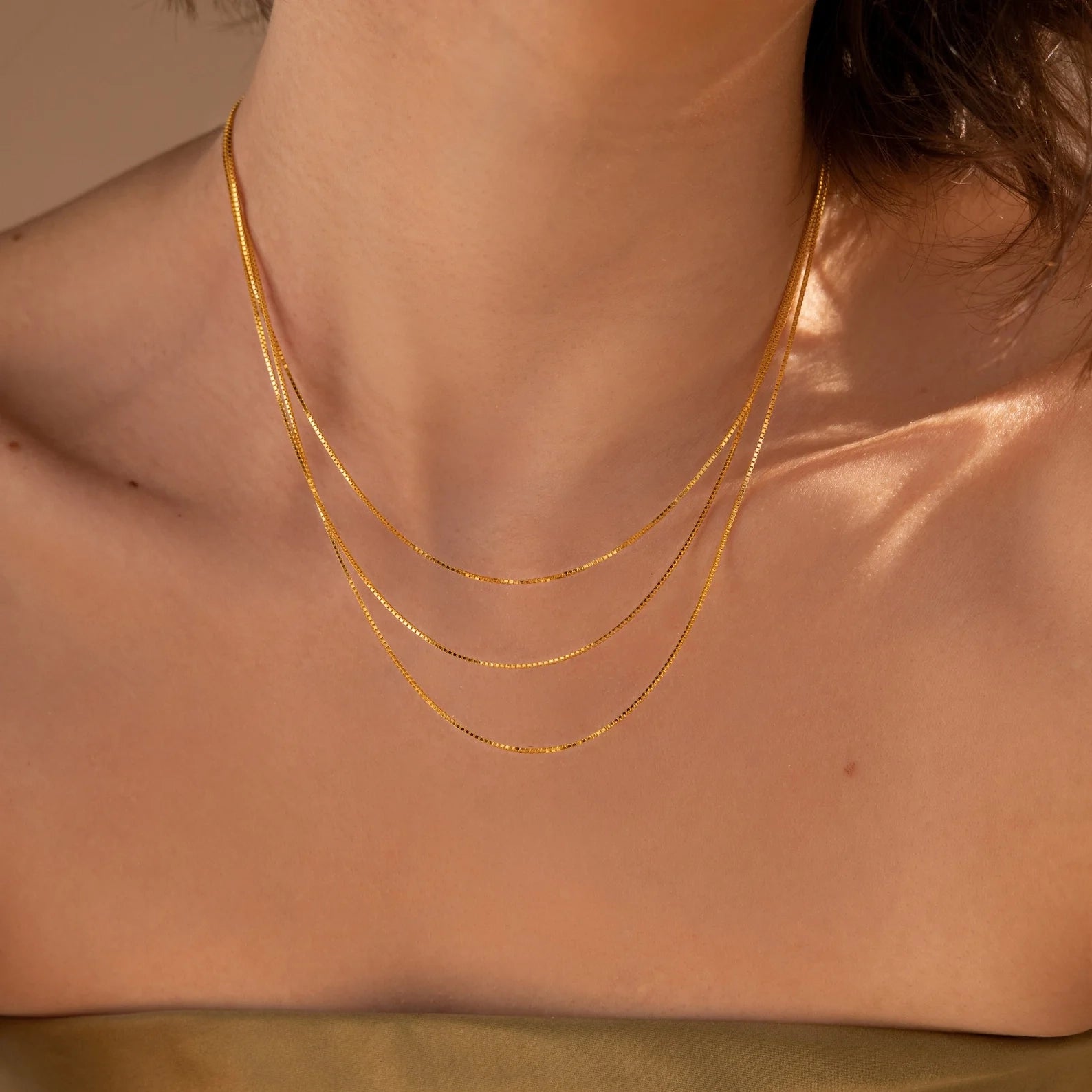 Triple Box Chain Necklace Silver 18K Gold Plated