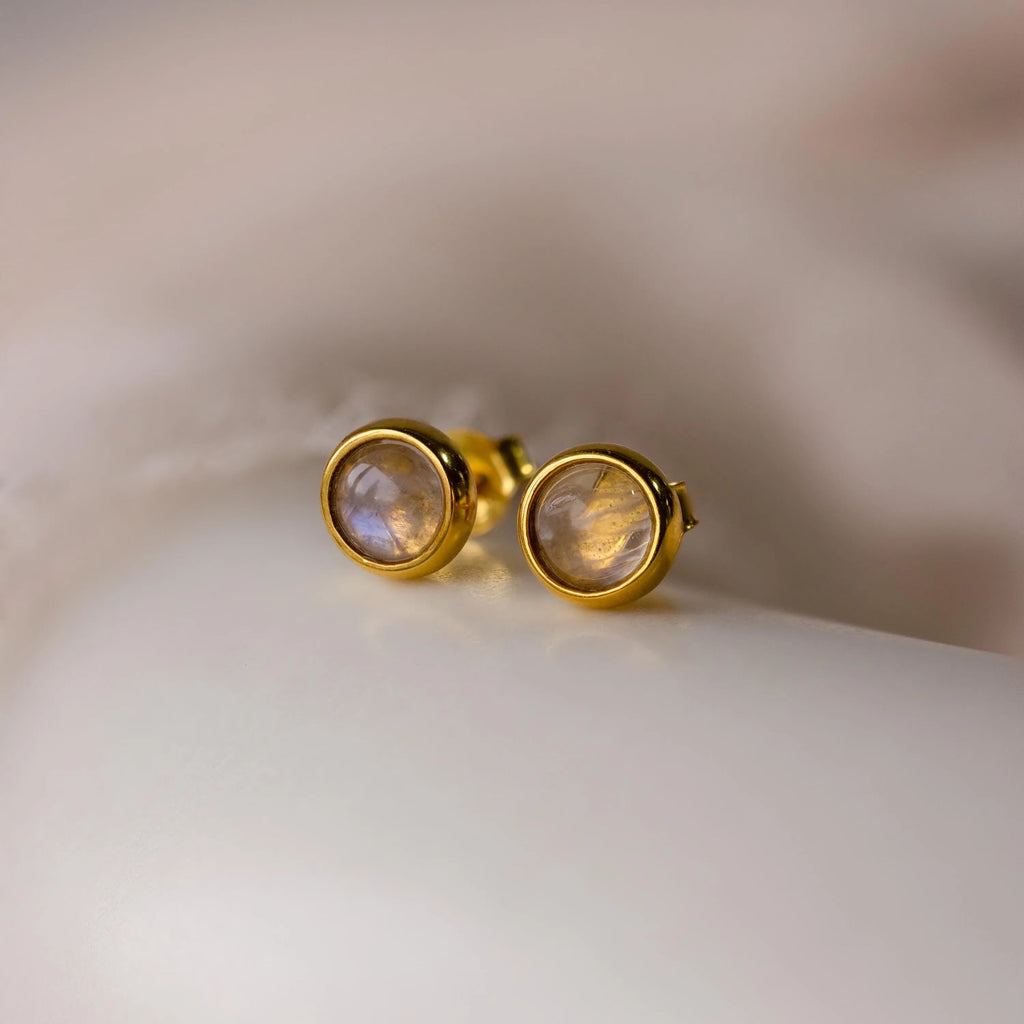 Moonstone Bezel Studs Silver 18K Gold Plated