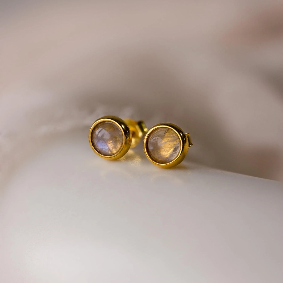Moonstone Bezel Studs Silver 18K Gold Plated