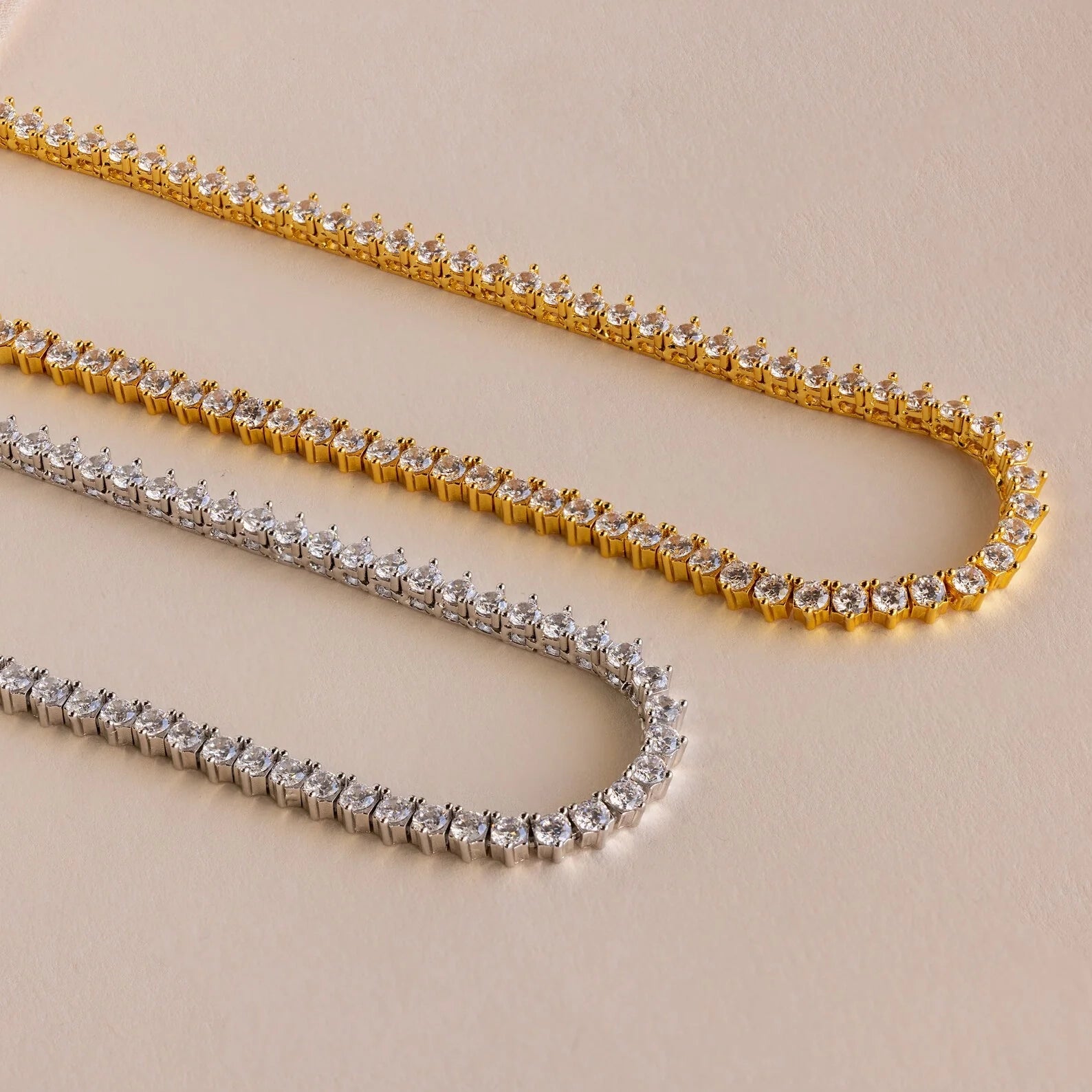 Diamonds 3 Prong Tennis Necklace Silver 18K Gold Plated