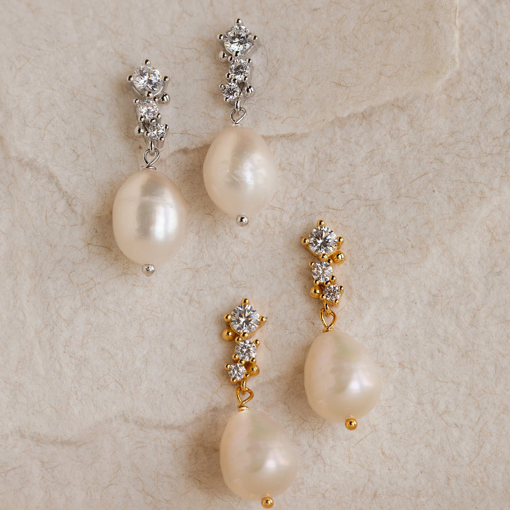 Diamond Pearl Drop Earrings Silver 18K Gold Plated