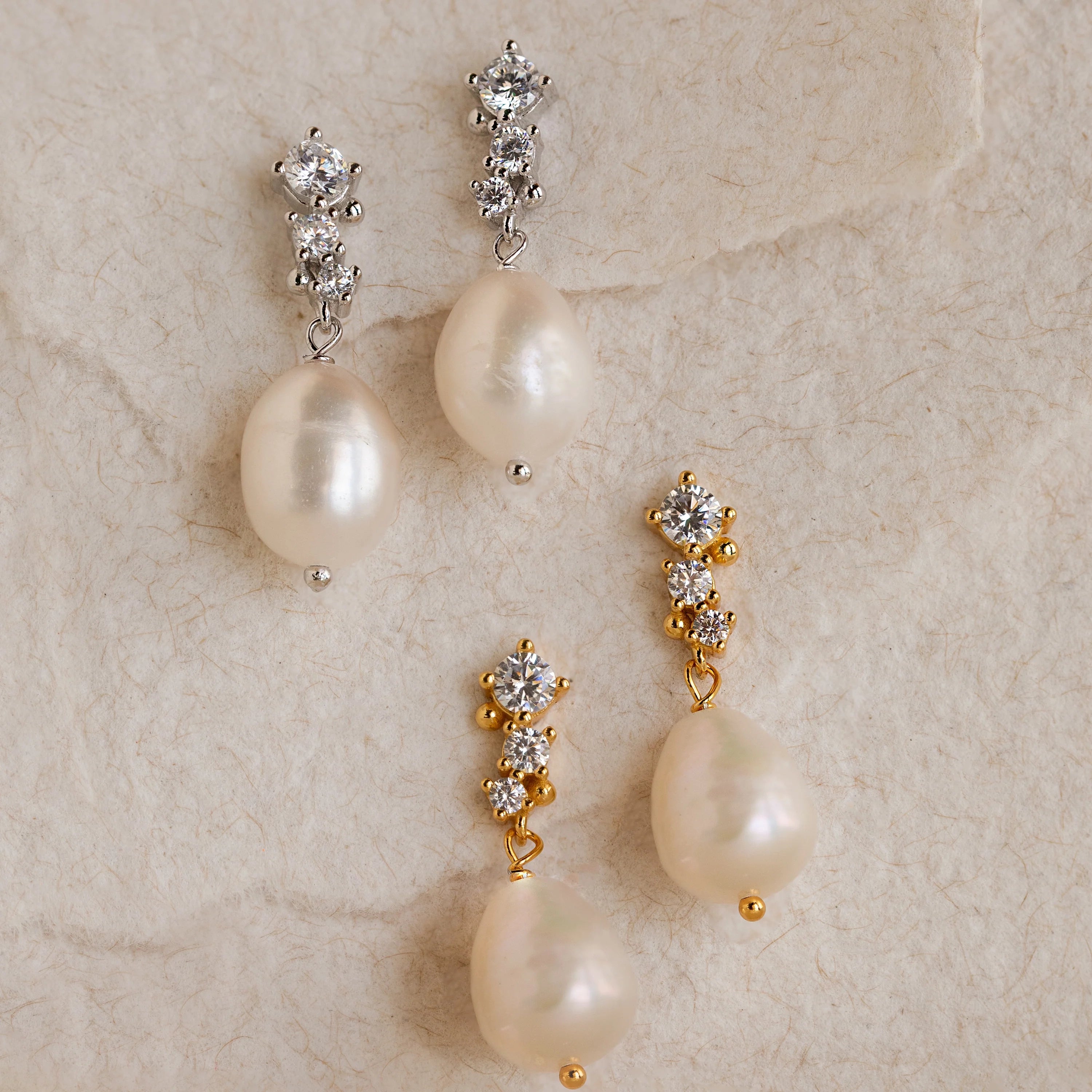Diamond Pearl Drop Earrings Silver 18K Gold Plated