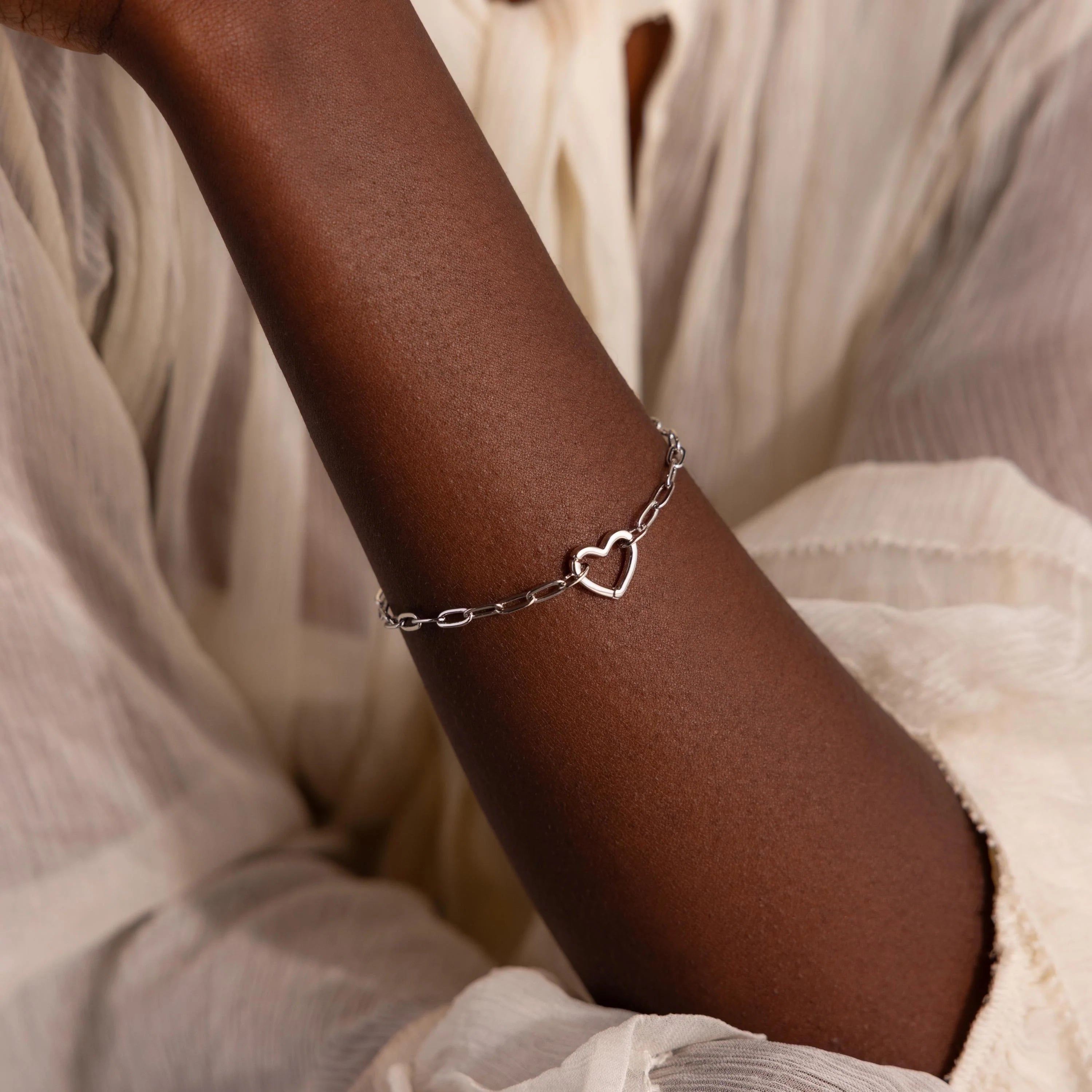 Heart Charm Paperclip Bracelet Silver 18K Gold Plated