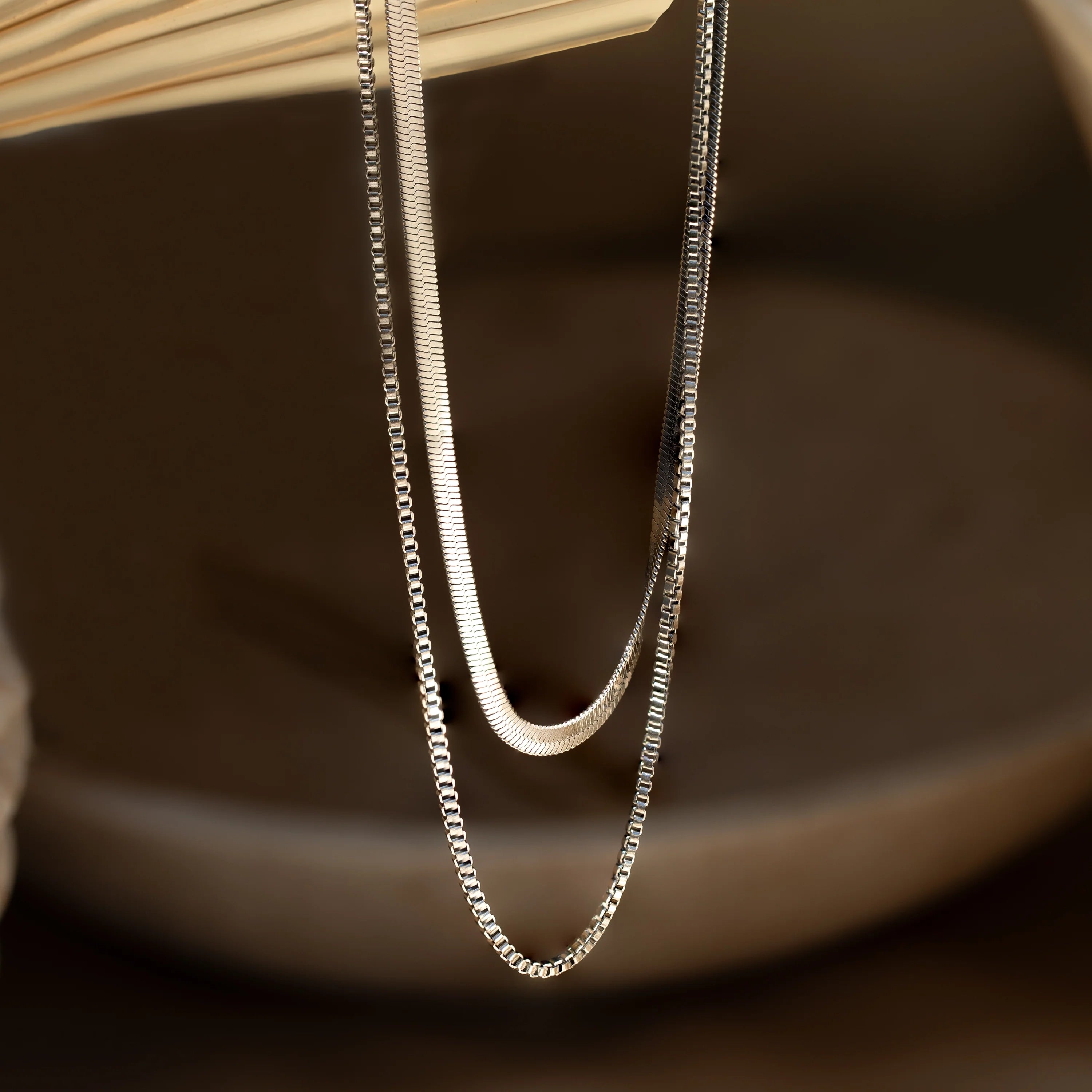 Herringbone Duo Chain Necklace Silver 18K Gold Plated
