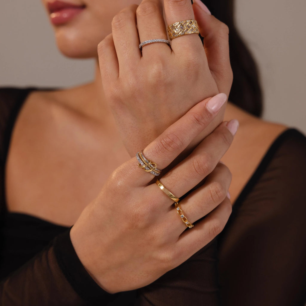 Pave Mixed Metal Linked Ring Set Silver 18K Gold Plated