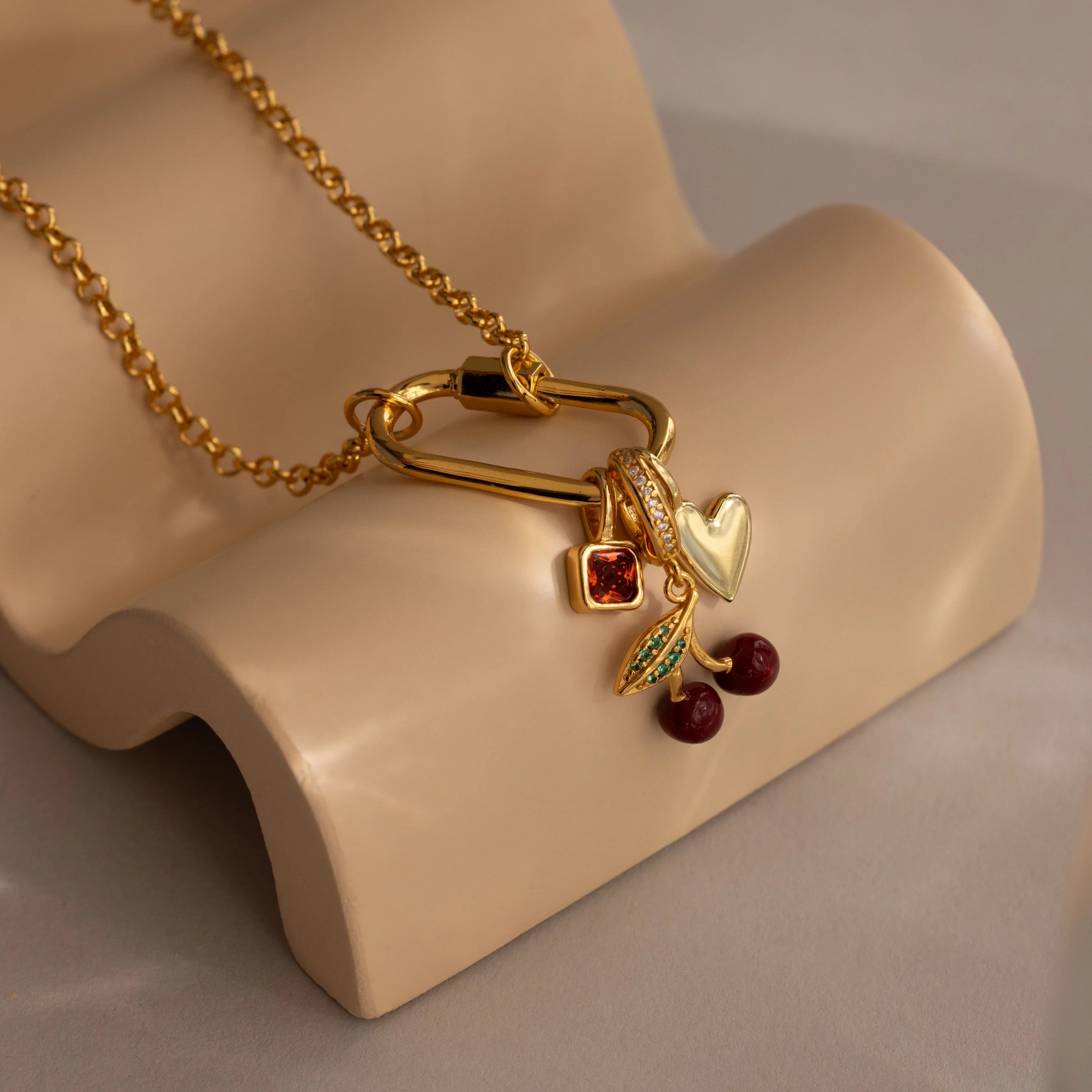 Pavé Clasp Ruby Cherry Charm Silver 18K Gold Plated