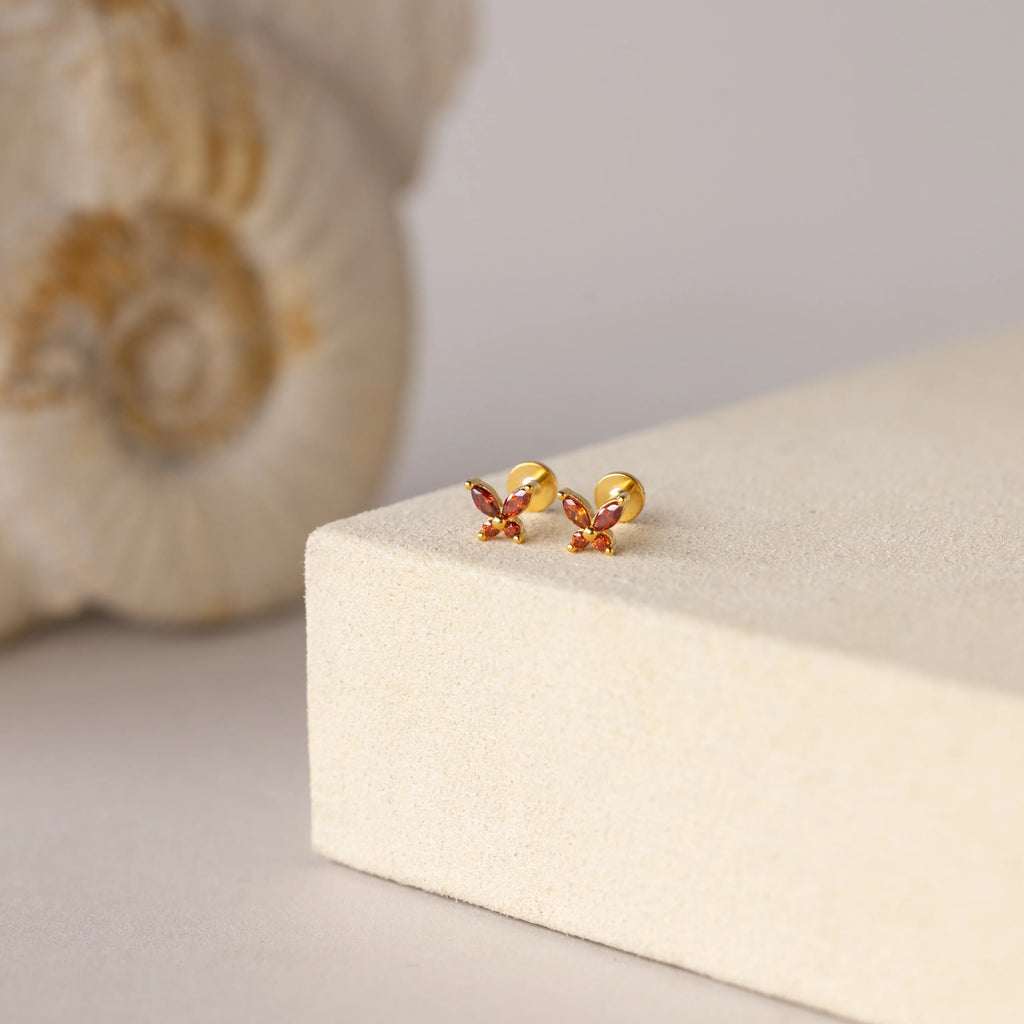 Butterfly Garnet Flatback Studs Silver 18K Gold Plated