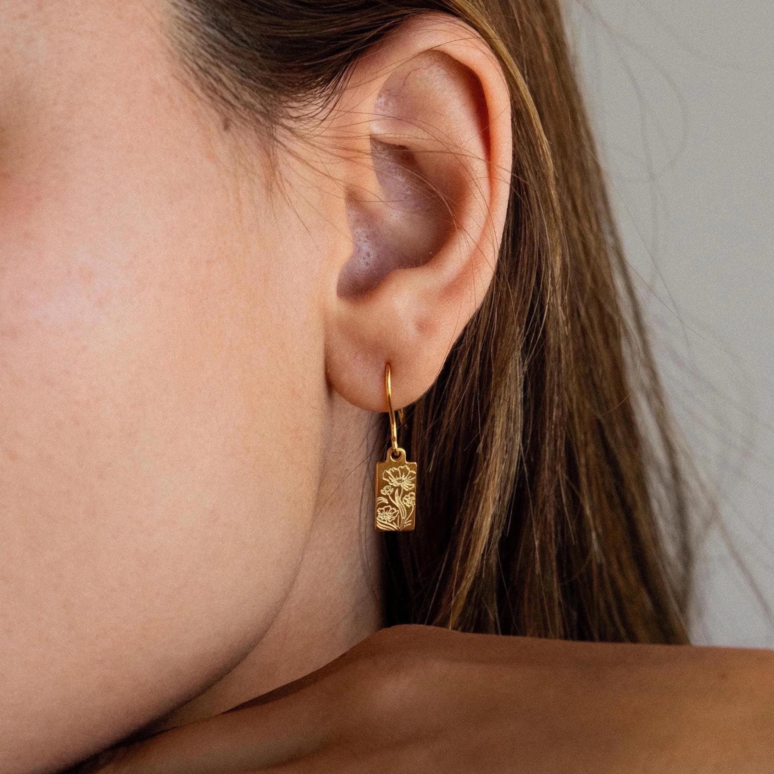 Rectangle Birth Flower Earrings Silver 18K Gold Plated