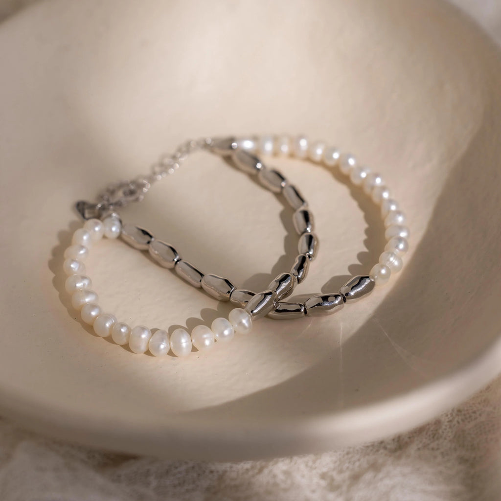 Duo Beaded Pearl Bracelet Silver 18K Gold Plated