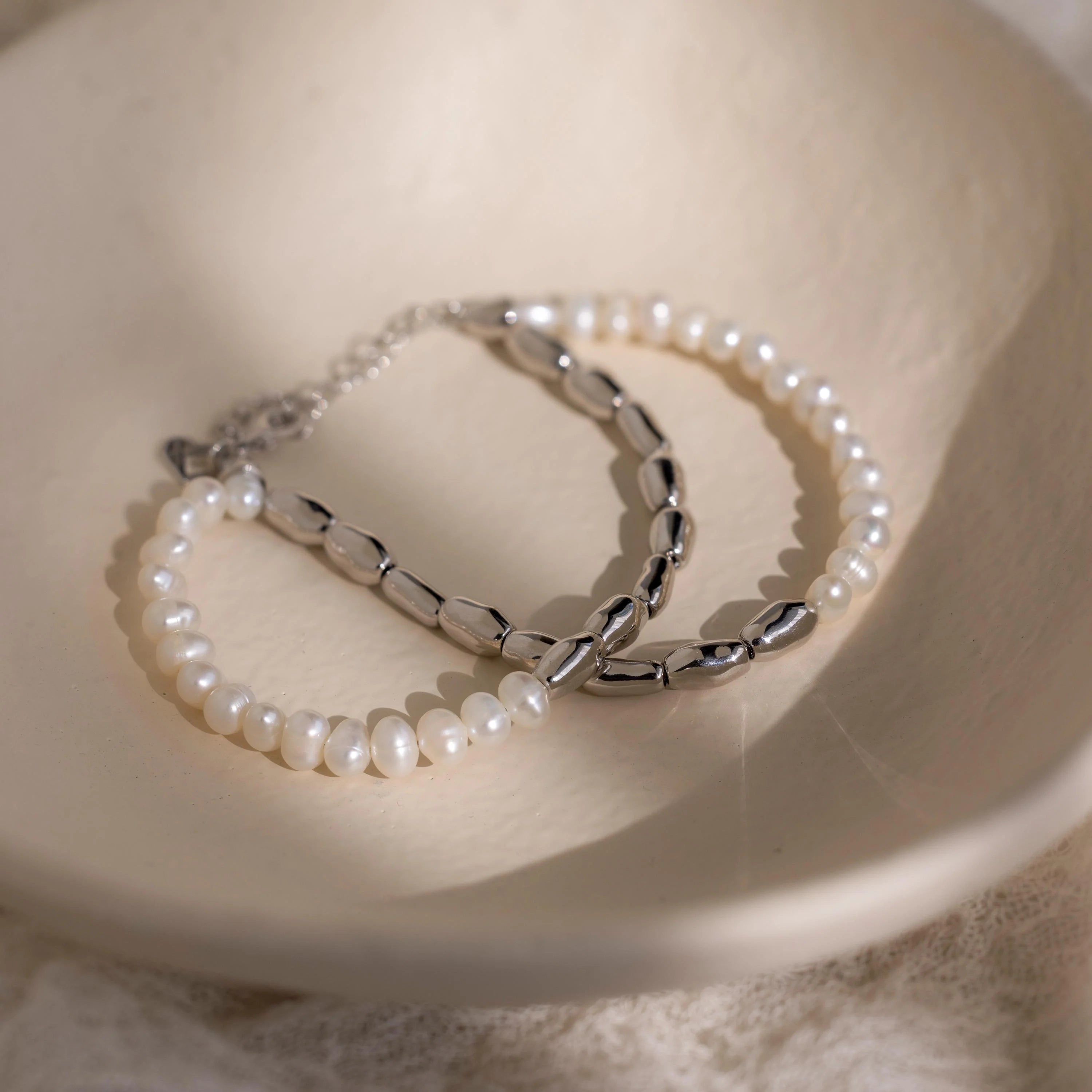 Duo Beaded Pearl Bracelet Silver 18K Gold Plated