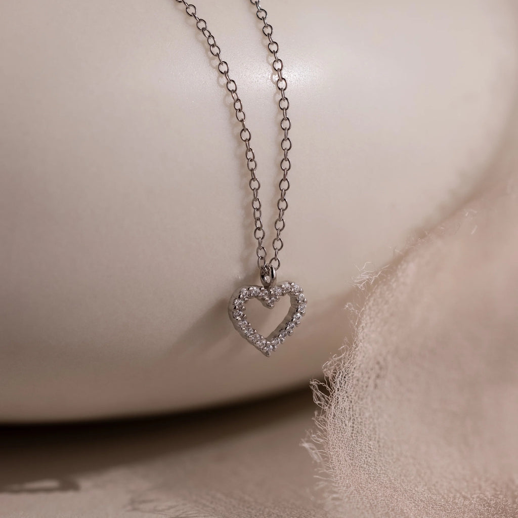 Pave Heart Charm Necklace Silver 18K Gold Plated