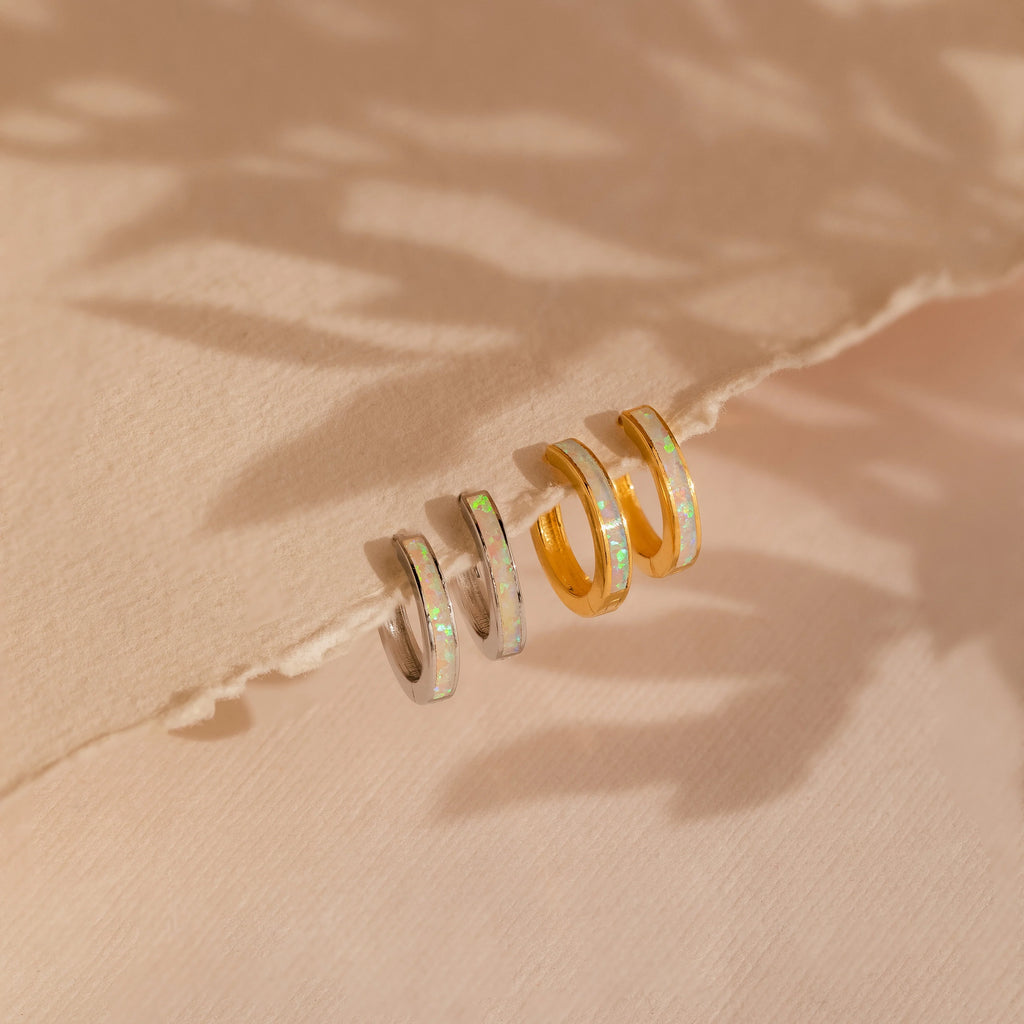 White Opal Inlay Hoops Silver 18K Gold Plated