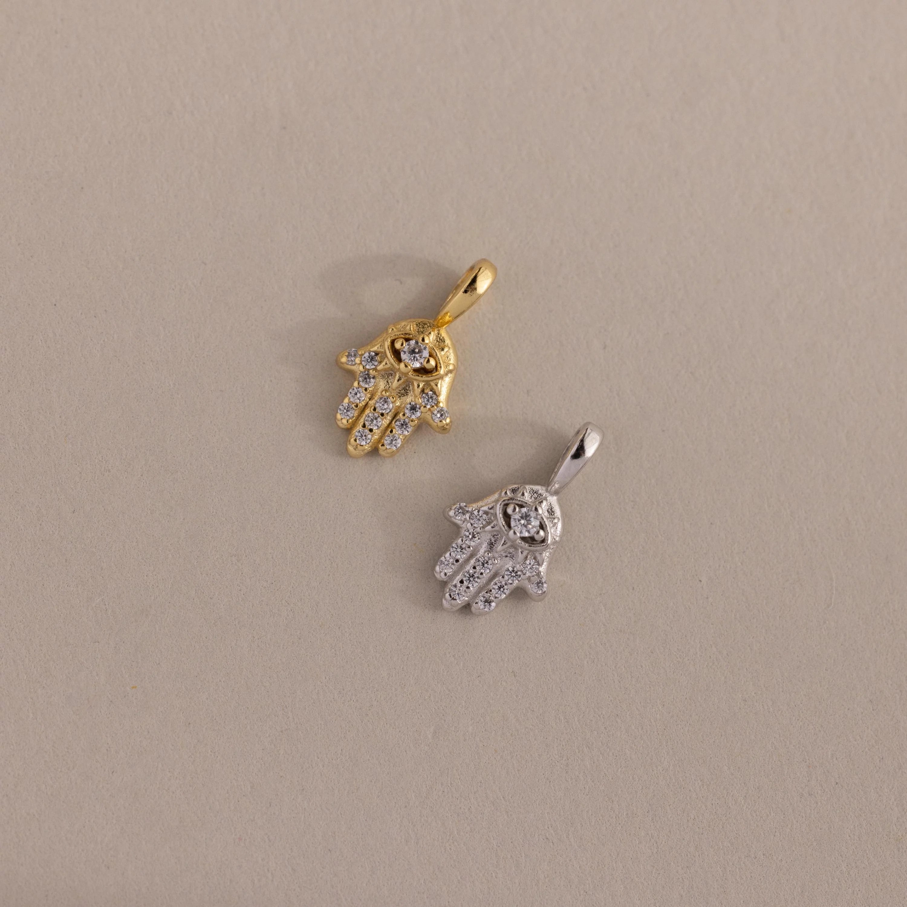 Pave Hamsa Hand Charm Silver 18K Gold Plated