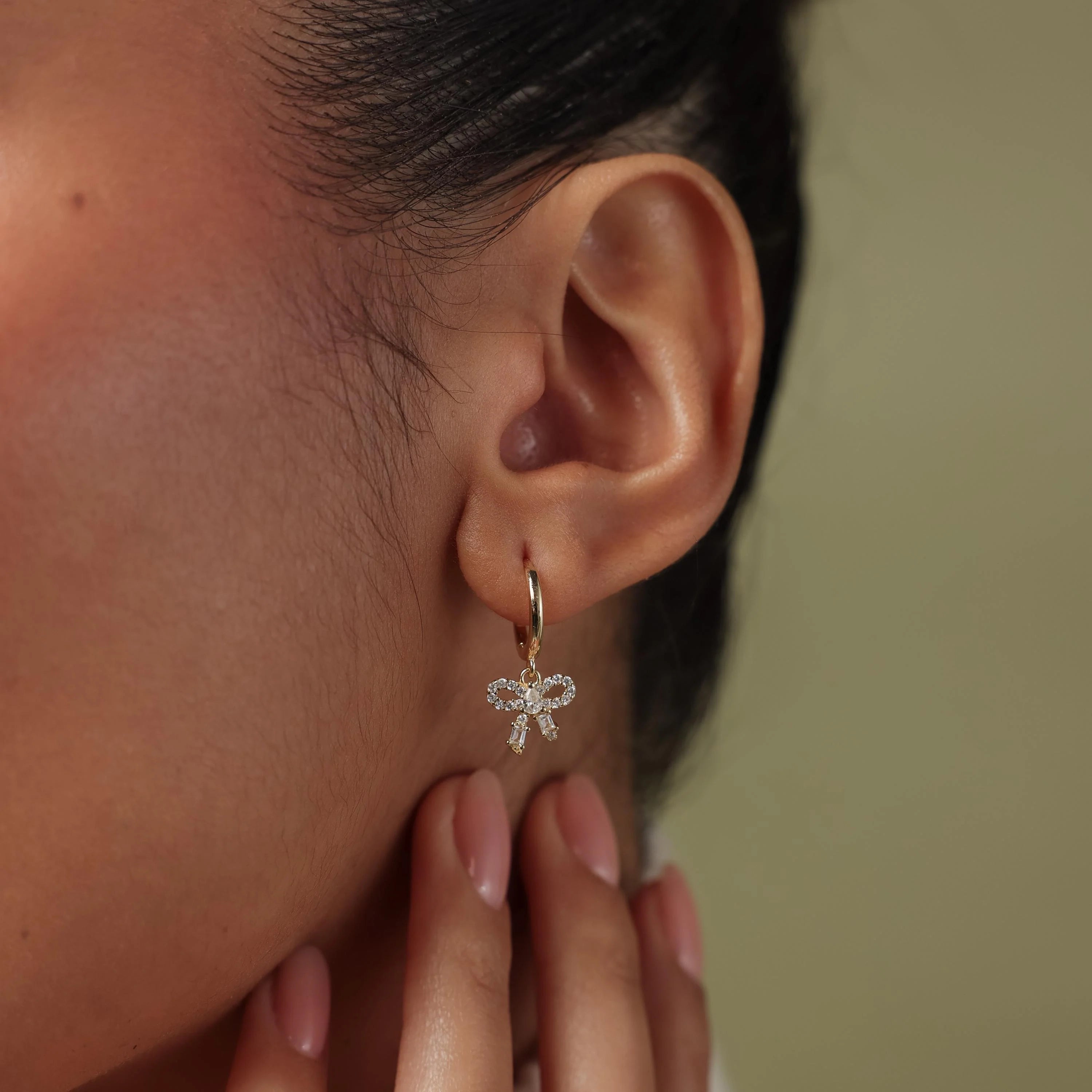 Diamond Pave Bow Charm Hoops Silver 18K Gold Plated