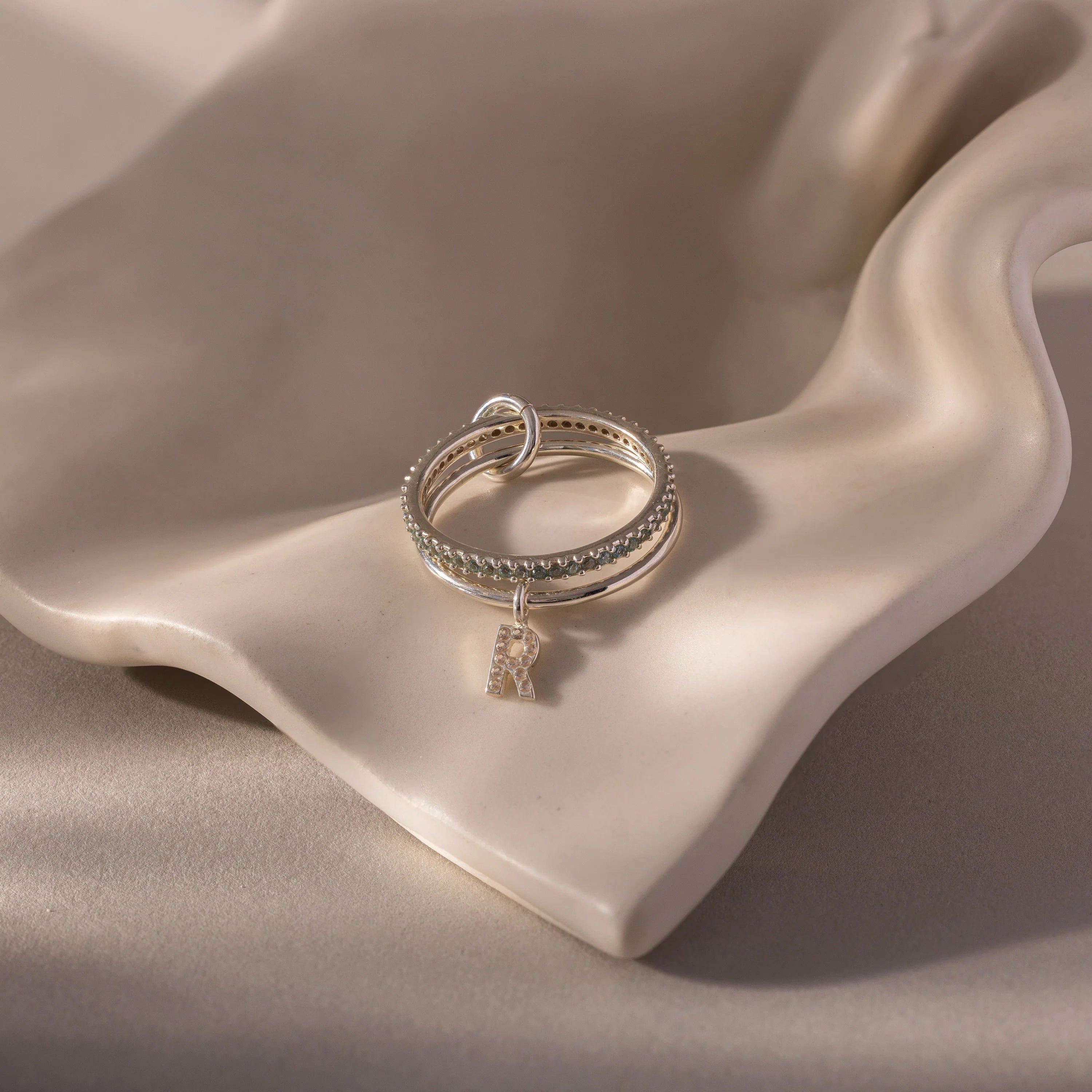 Birthstone Initial Linked Ring Set Silver 18K Gold Plated