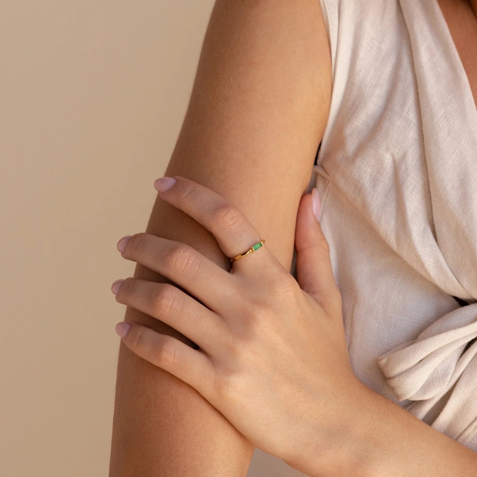 Jade Baguette Ring Silver 18K Gold Plated