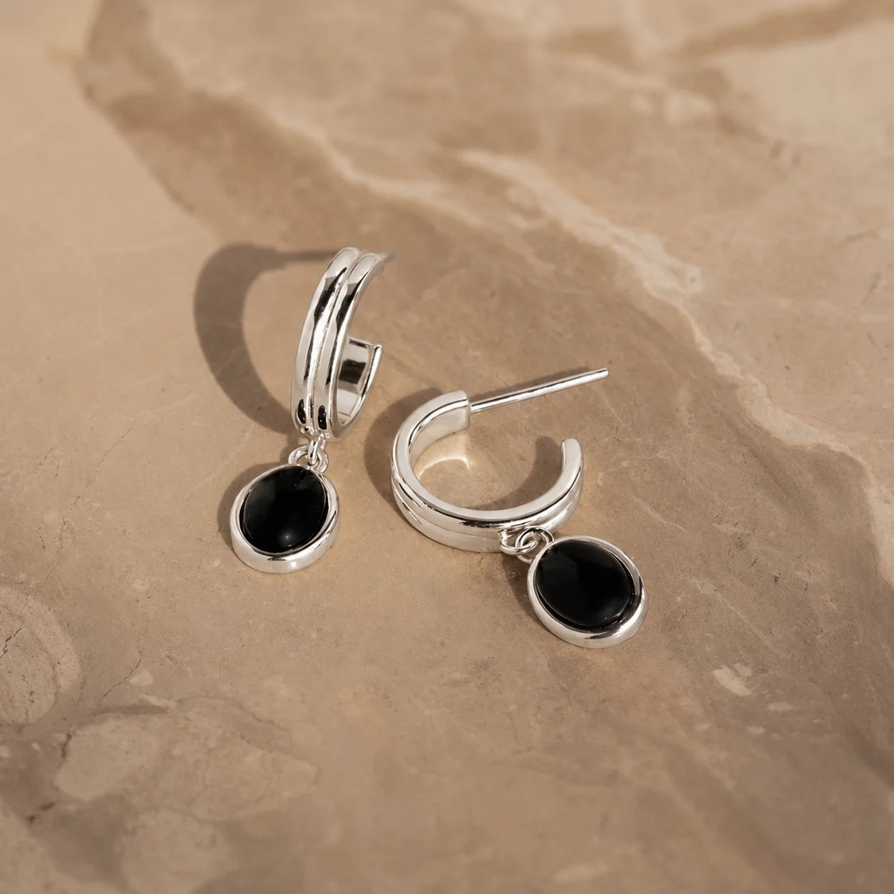 Black Gemstone Drop Hoop Earrings