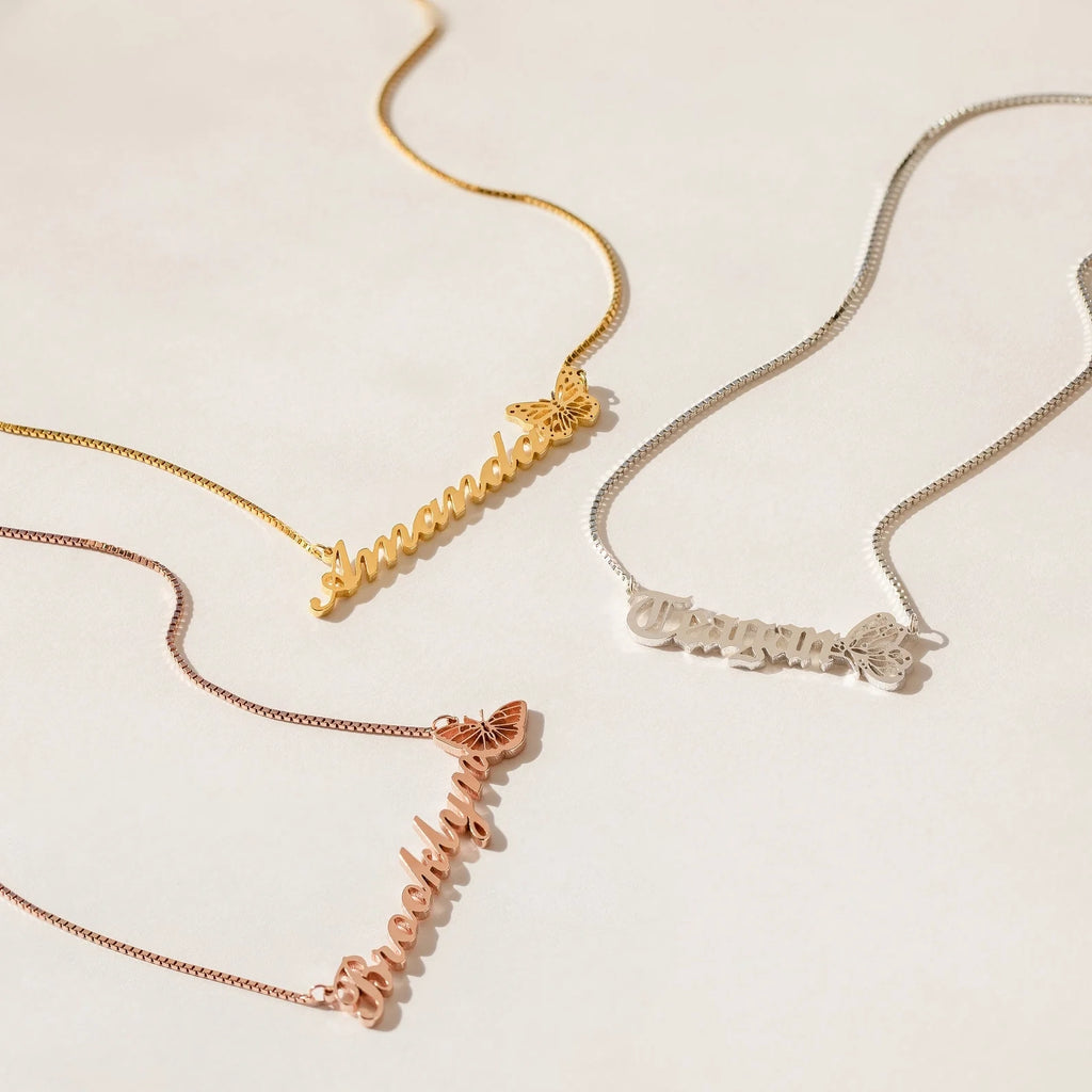 Butterfly Name Box Chain Necklace Silver 18K Gold Plated