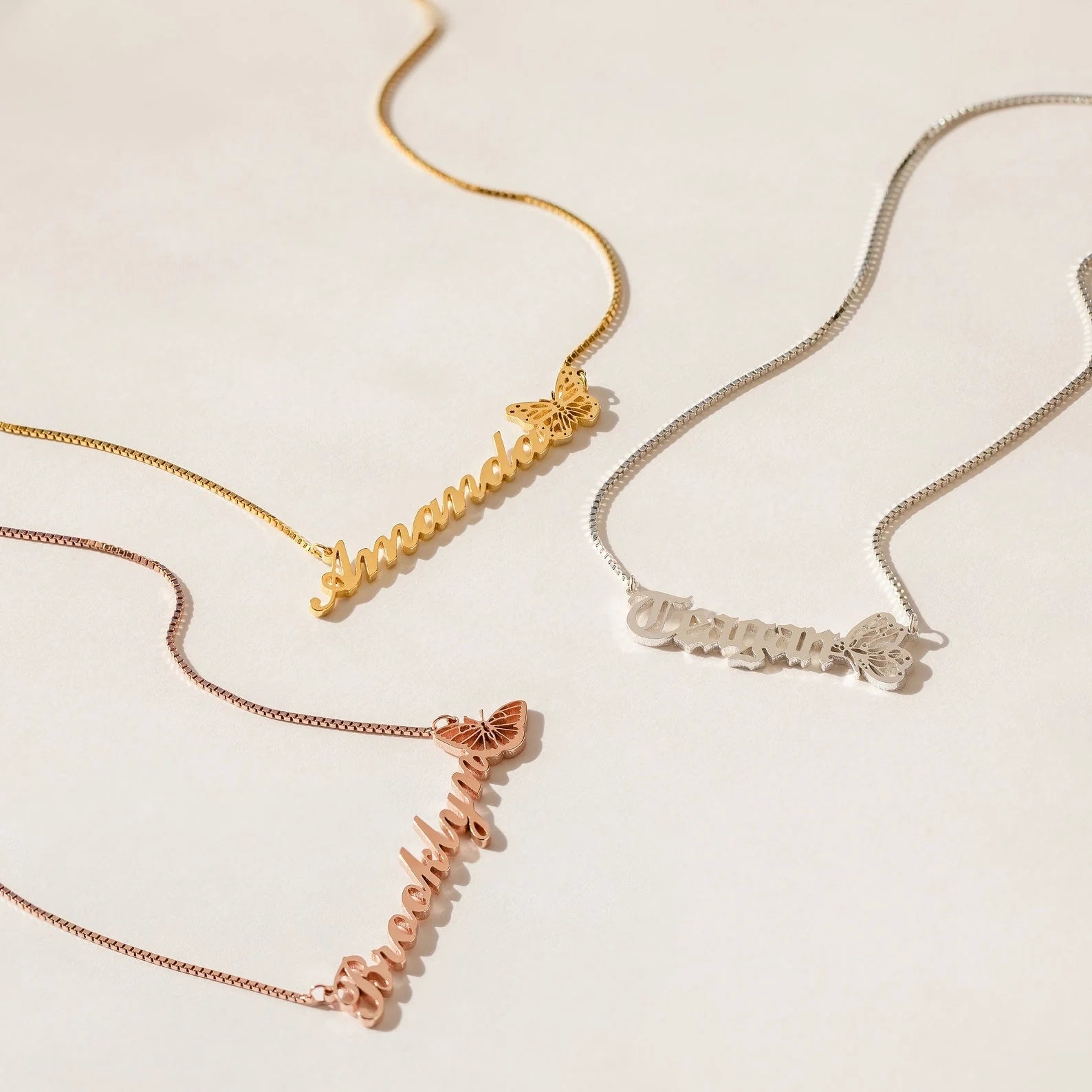 Butterfly Name Box Chain Necklace Silver 18K Gold Plated