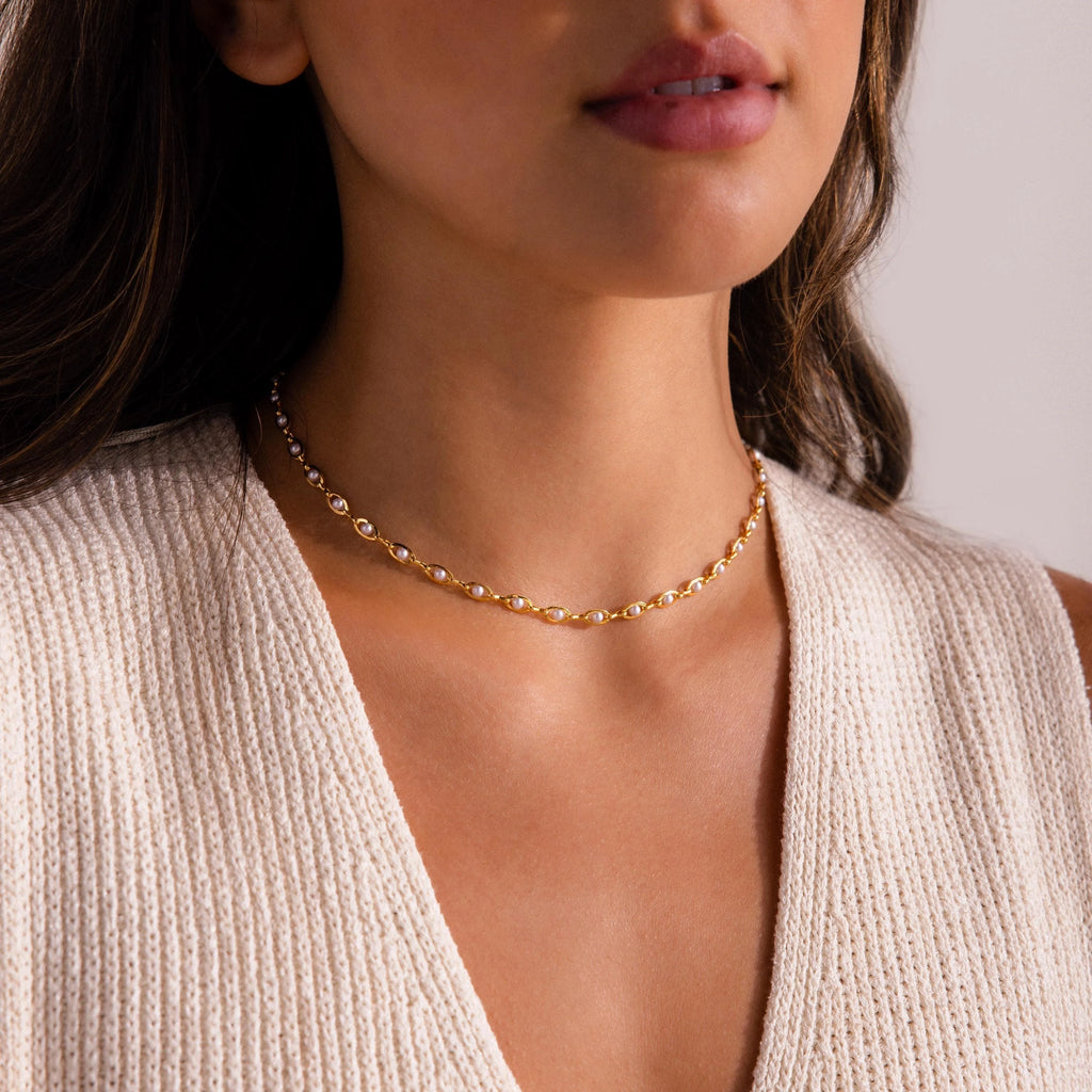 Eternity Pearl Choker Necklace Silver 18K Gold Plated
