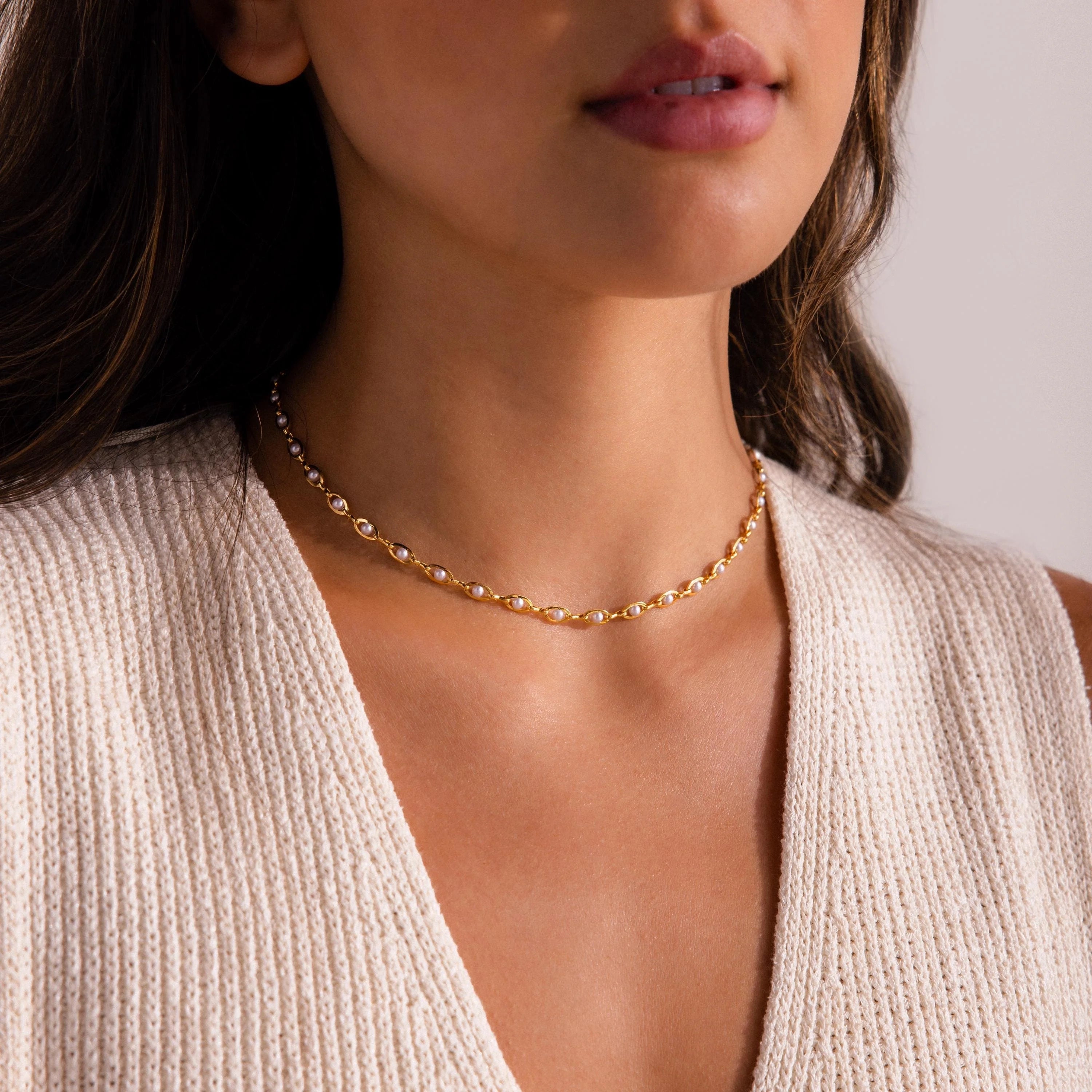 Eternity Pearl Choker Necklace Silver 18K Gold Plated