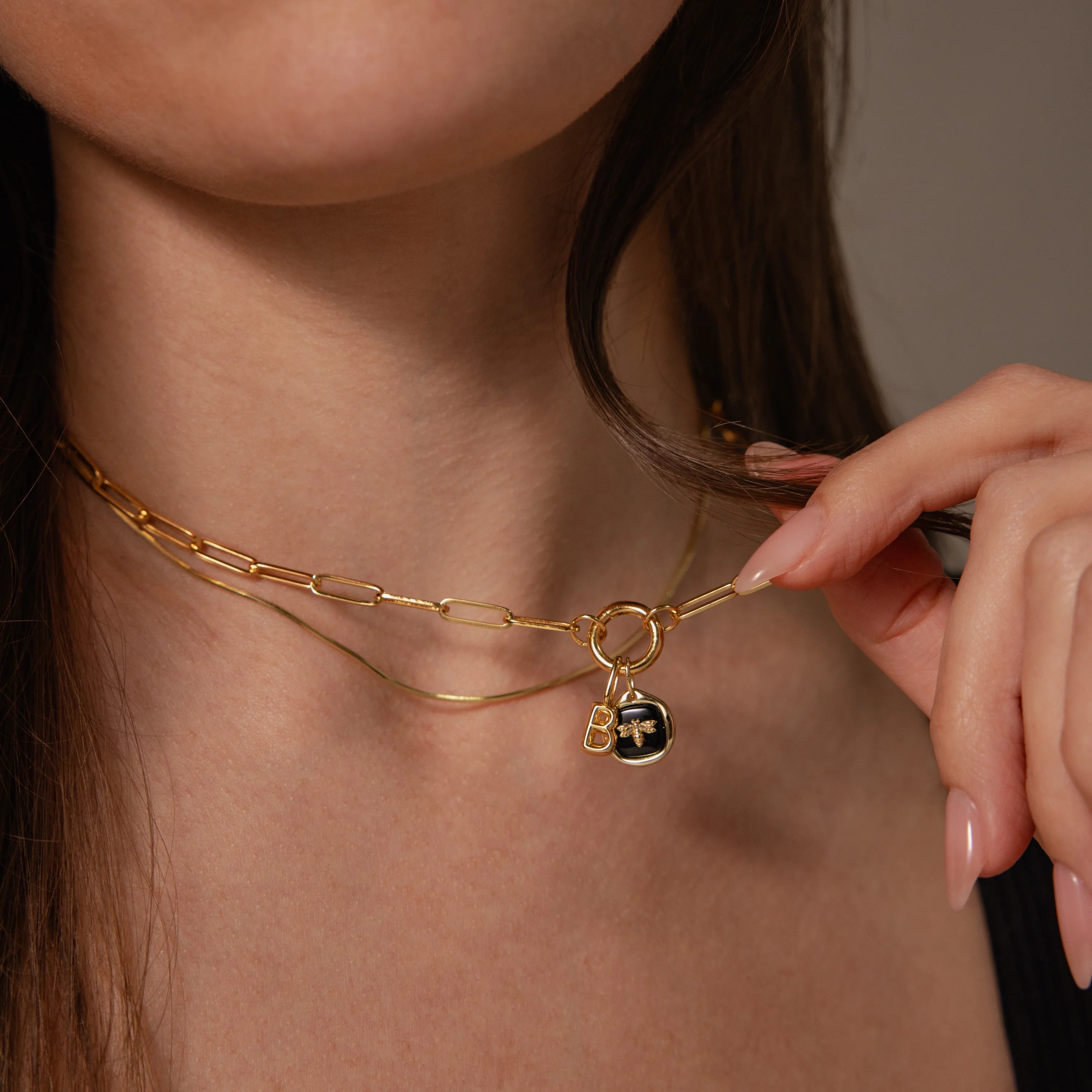 Onyx Honeybee Charm Silver 18K Gold Plated