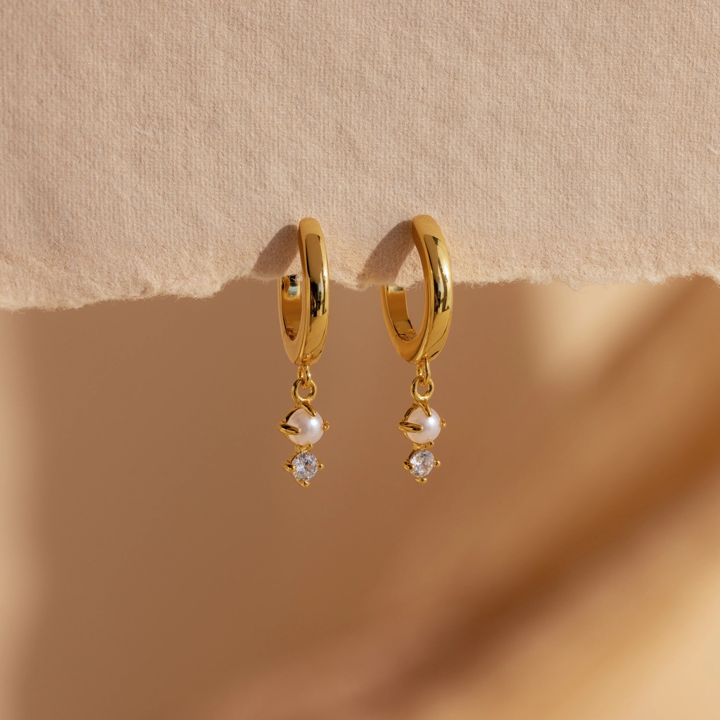 Dangling Pearl Diamond Huggies Silver 18K Gold Plated