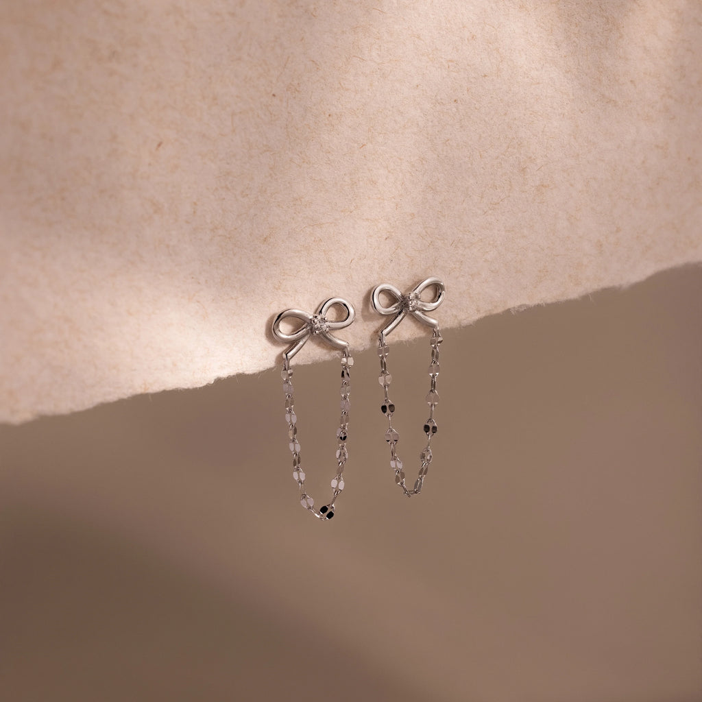 Diamond Bow Chain Studs Silver 18K Gold Plated