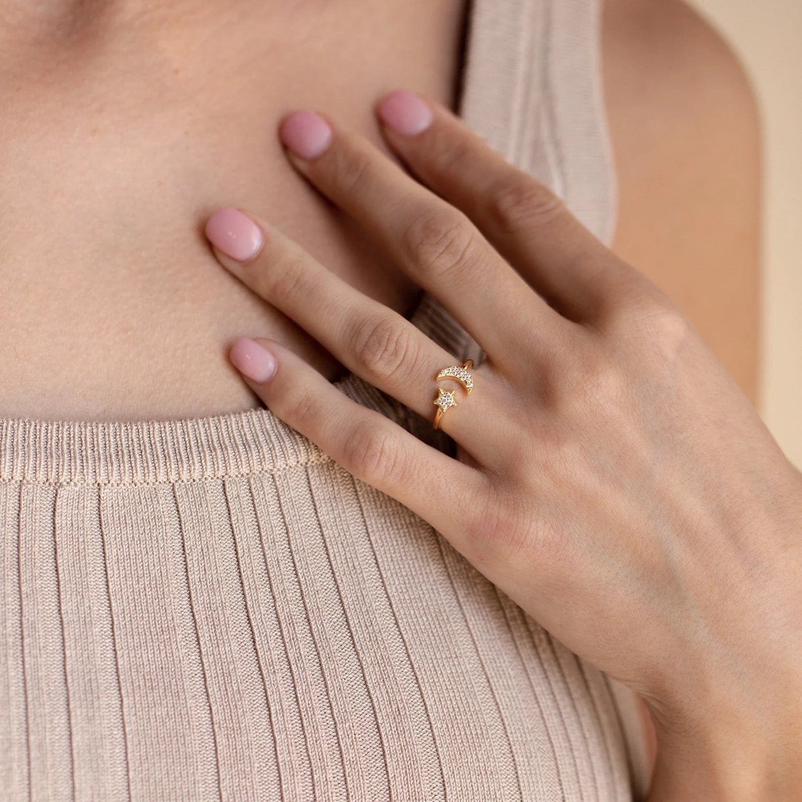 Pave Star and Moon Ring: Sterling Silver with 18K Gold Finish and Celestial Design