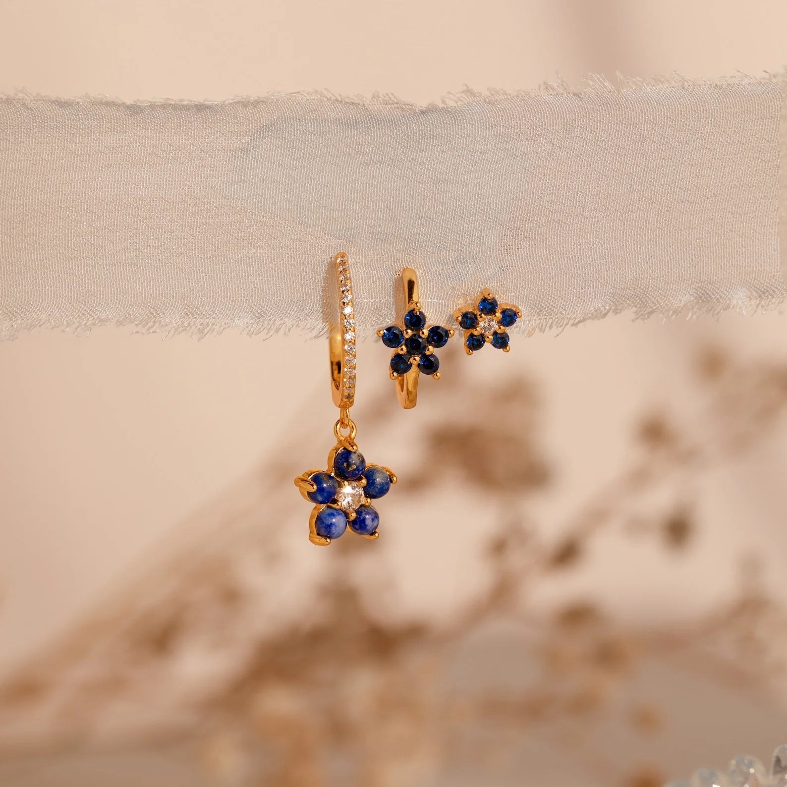Sapphire Flower Earrings Set Silver 18K Gold Plated