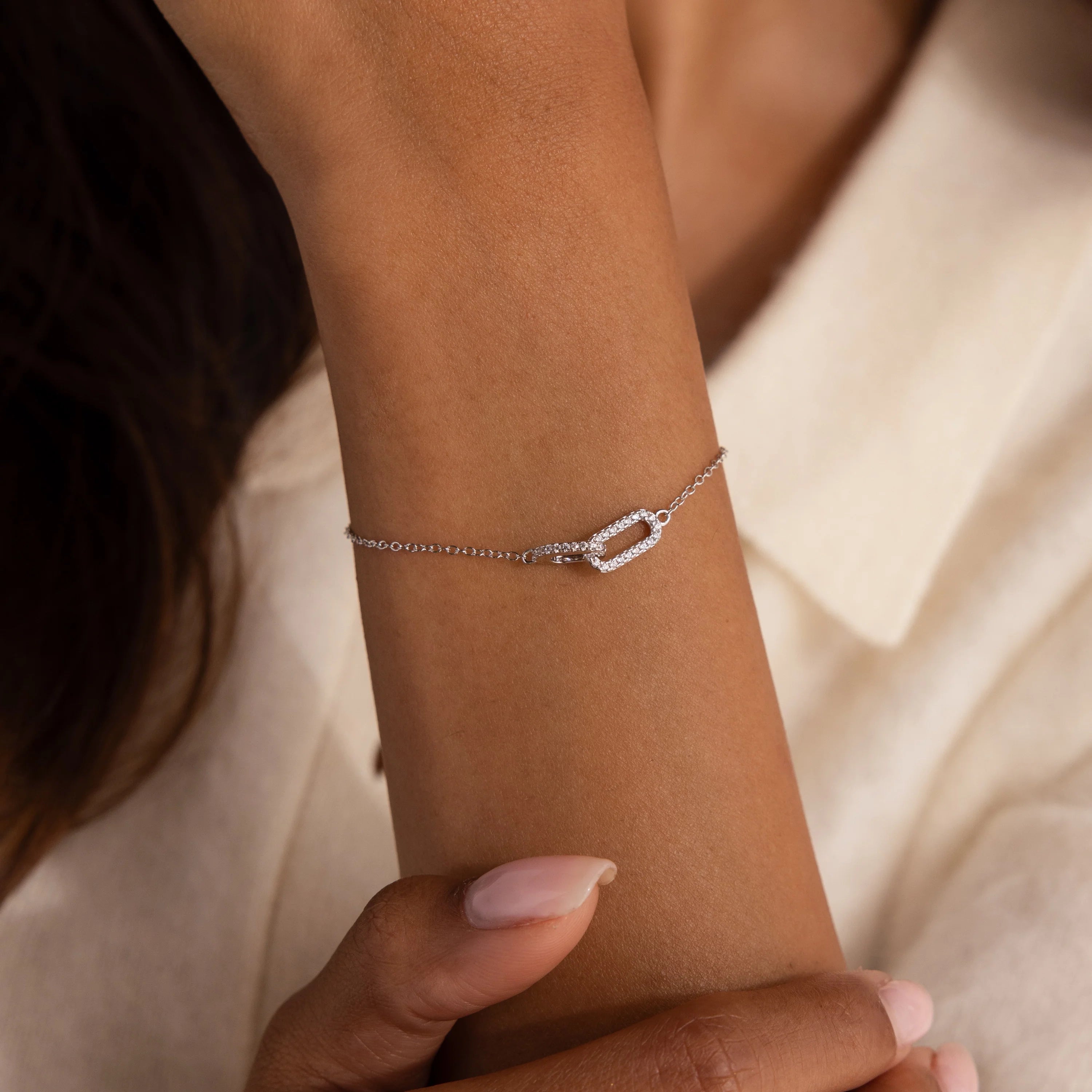 Duo Pave Link Pendant Bracelet Silver 18K Gold Plated