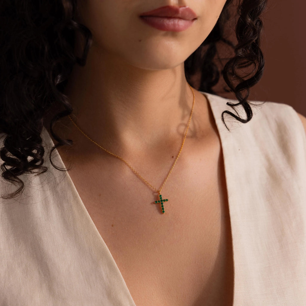 Emerald Pave Cross Necklace Silver 18K Gold Plated