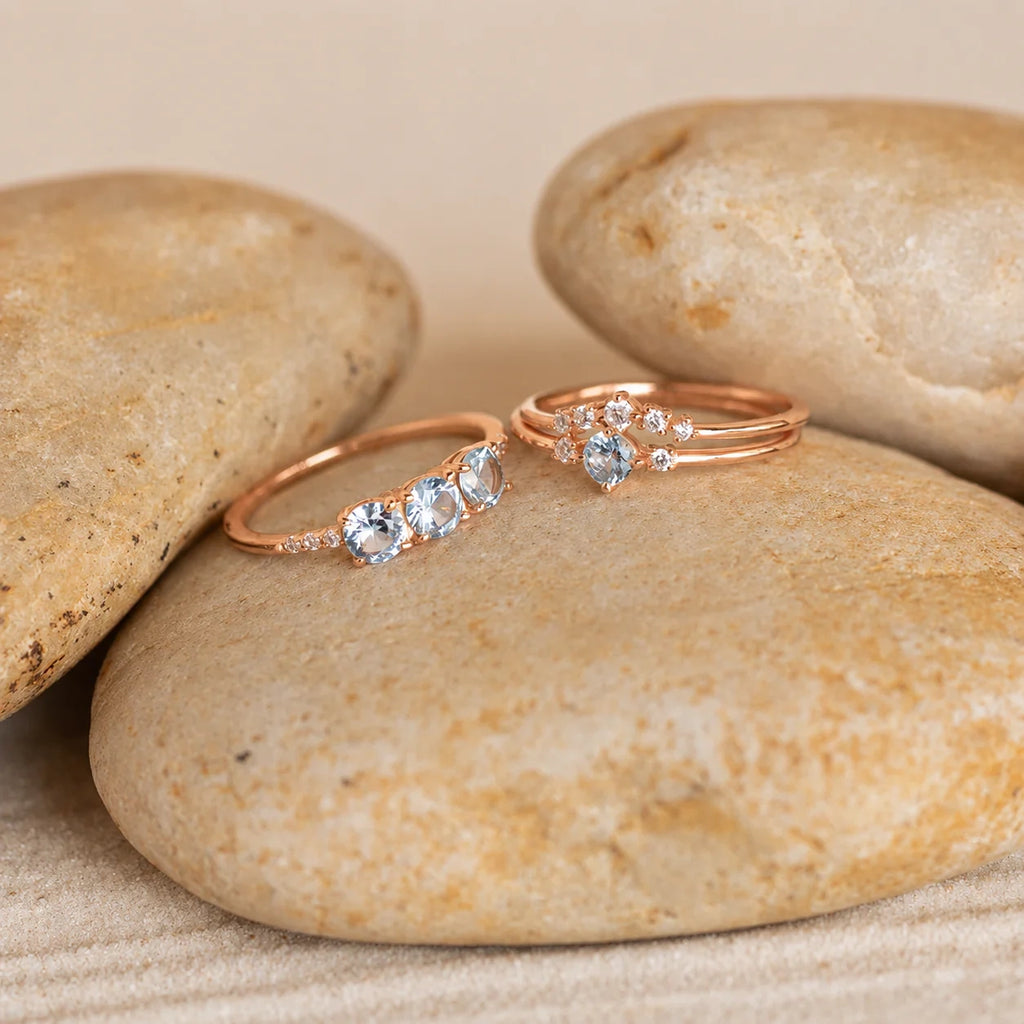 Tranquil Aquamarine Stacking Ring Set: Embrace Ocean-Inspired Serenity