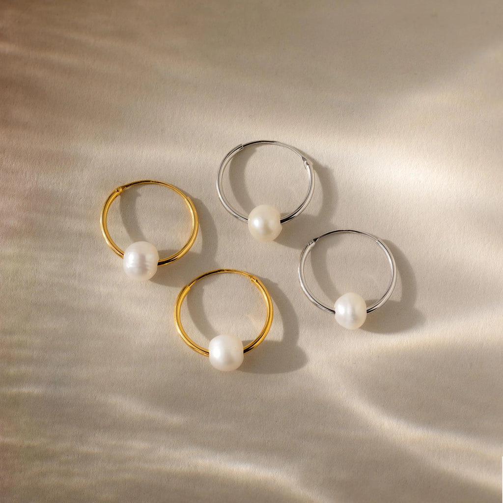 Round Pearl Hoops Silver 18K Gold Plated