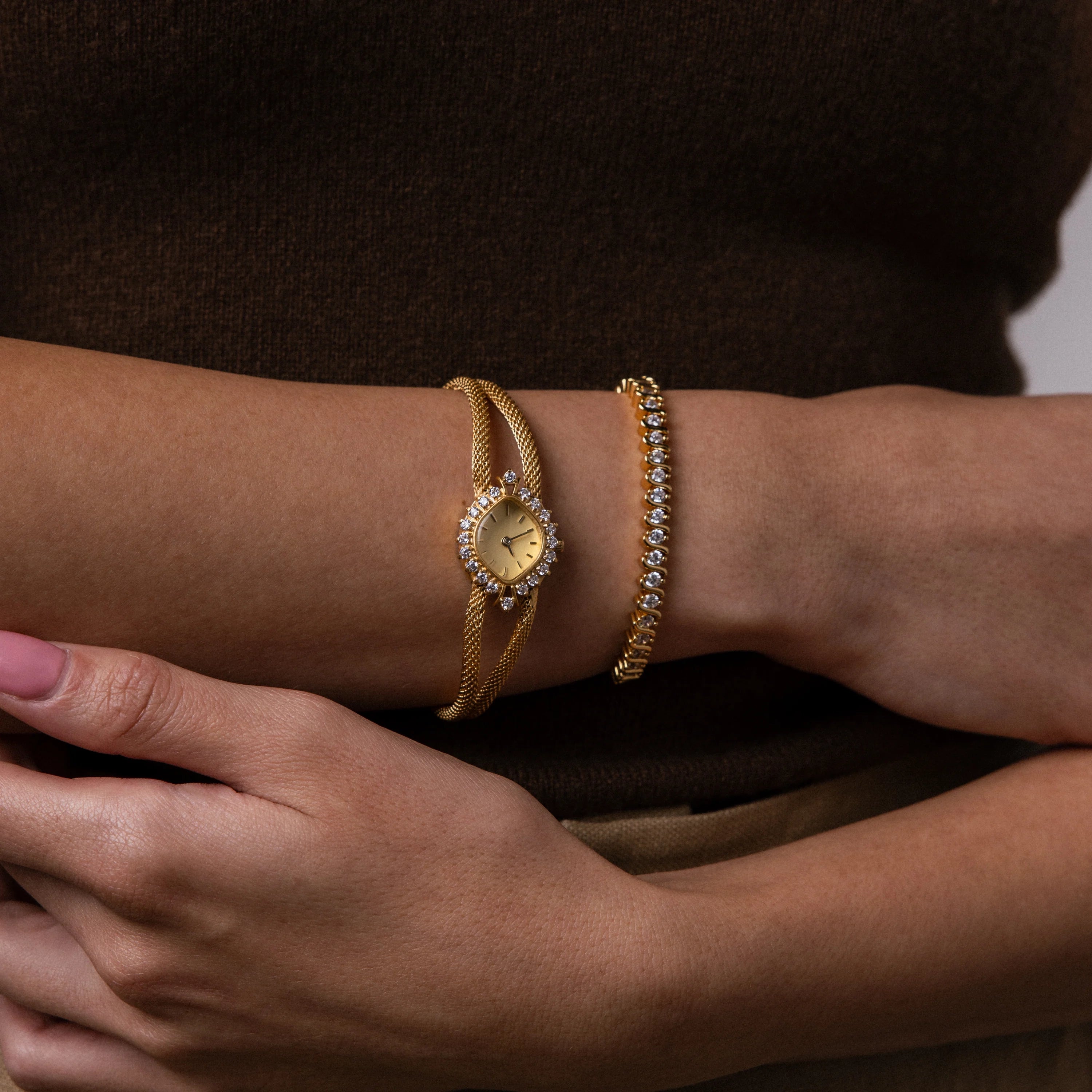 Gemstone Duo Chain Timepiece Silver 18K Gold Plated