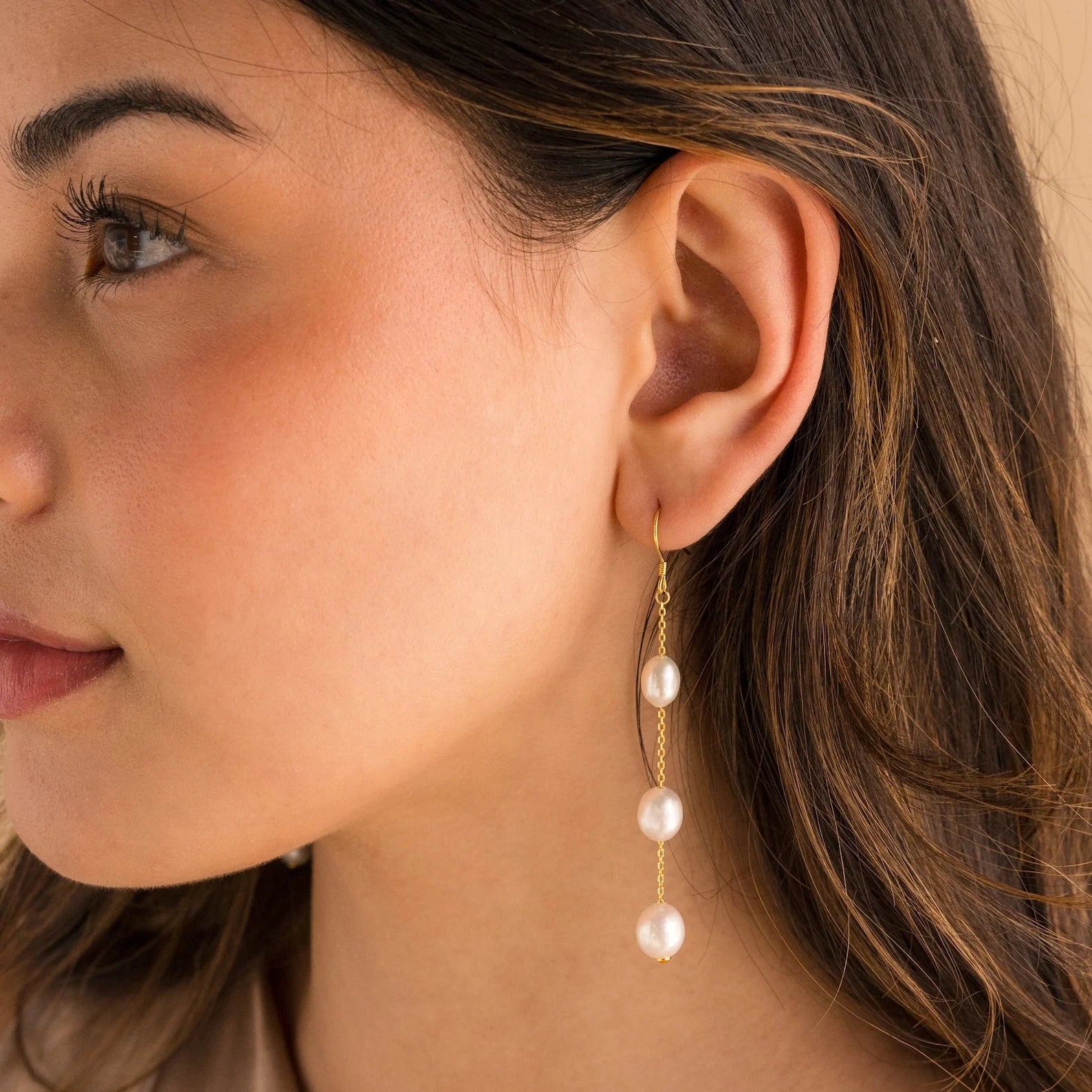 Long Pearl Dangle Earrings Silver 18K Gold Plated