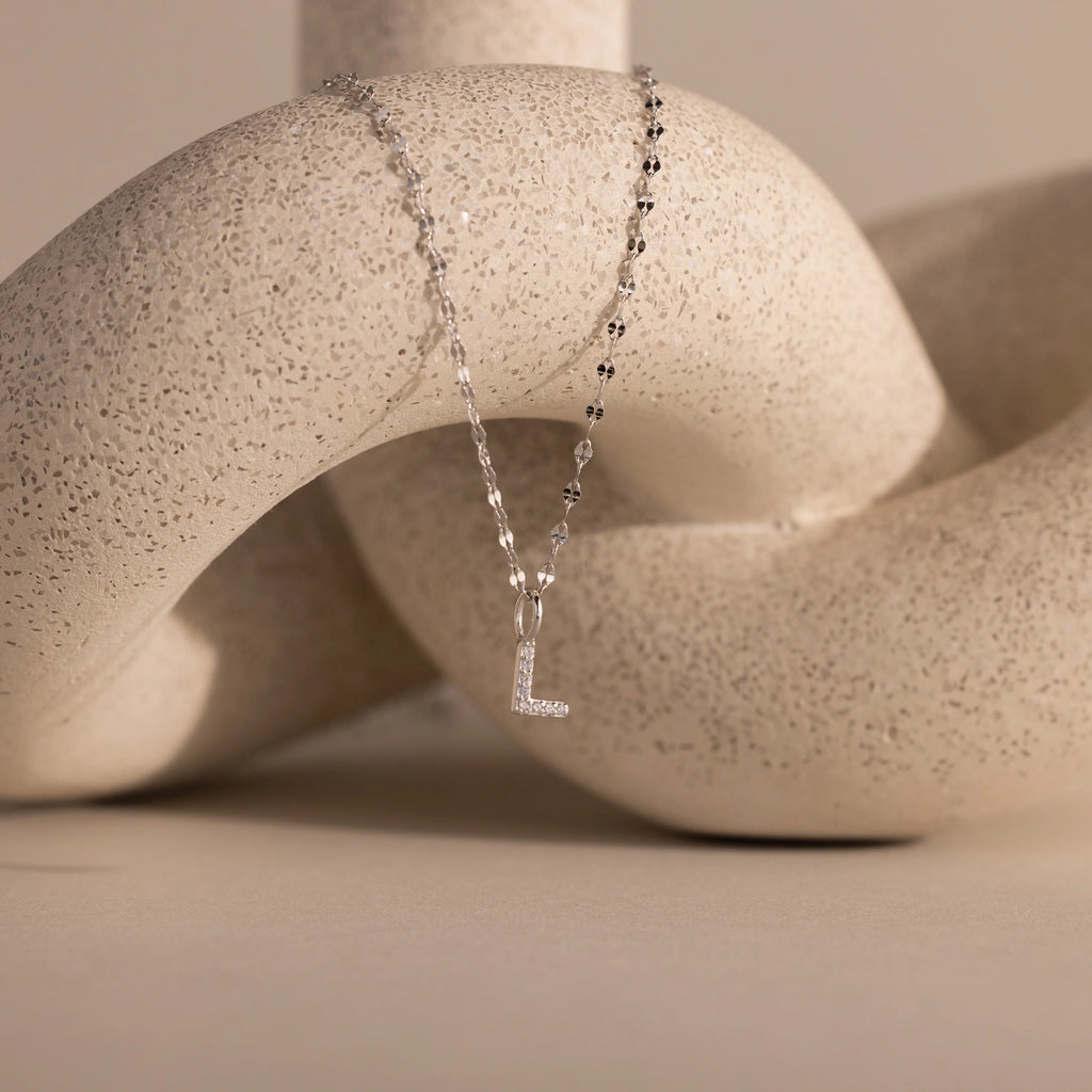 Dainty Pave Letter Necklace Silver 18K Gold Plated