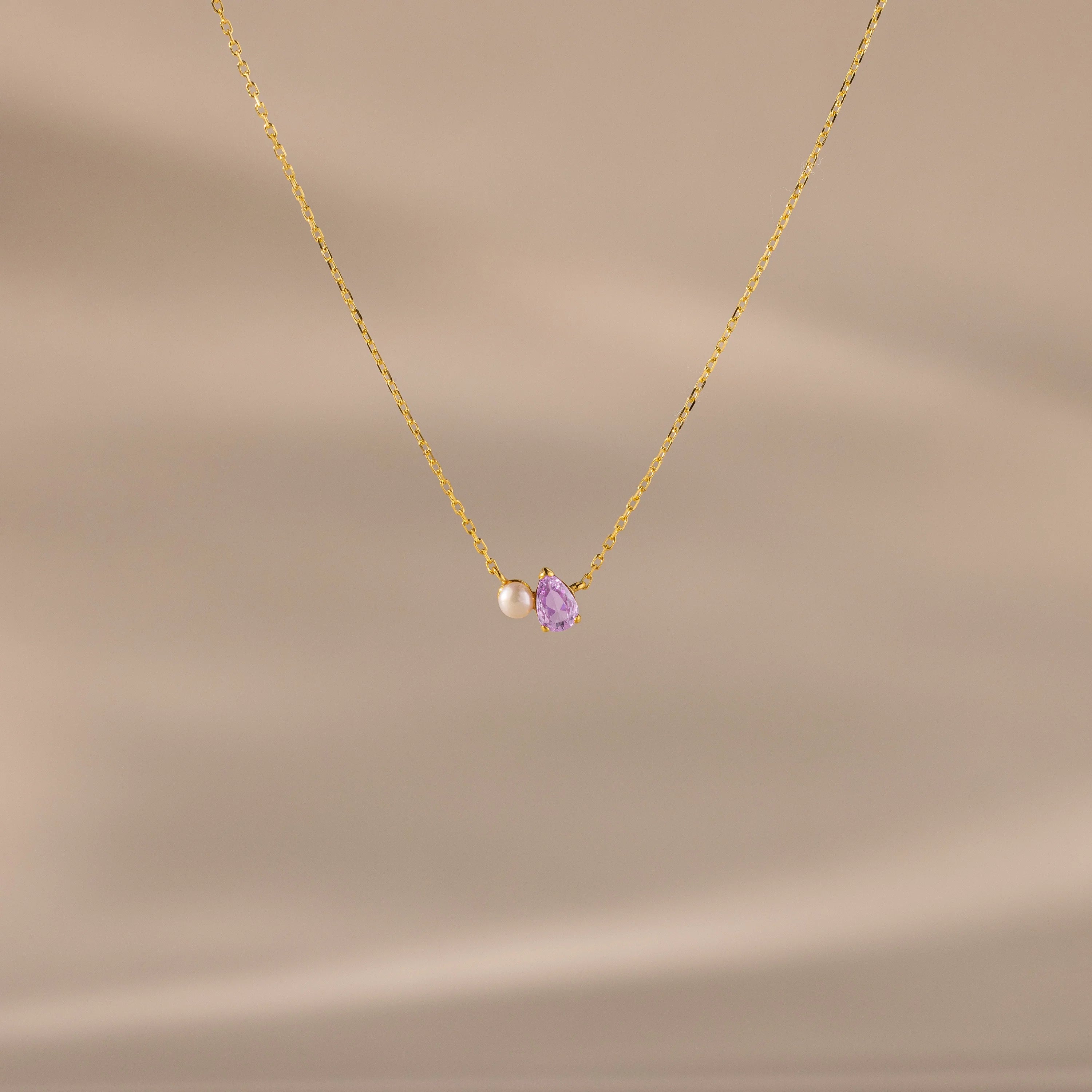 Teardrop Birthstone & Pearl Necklace Silver 18K Gold Plated