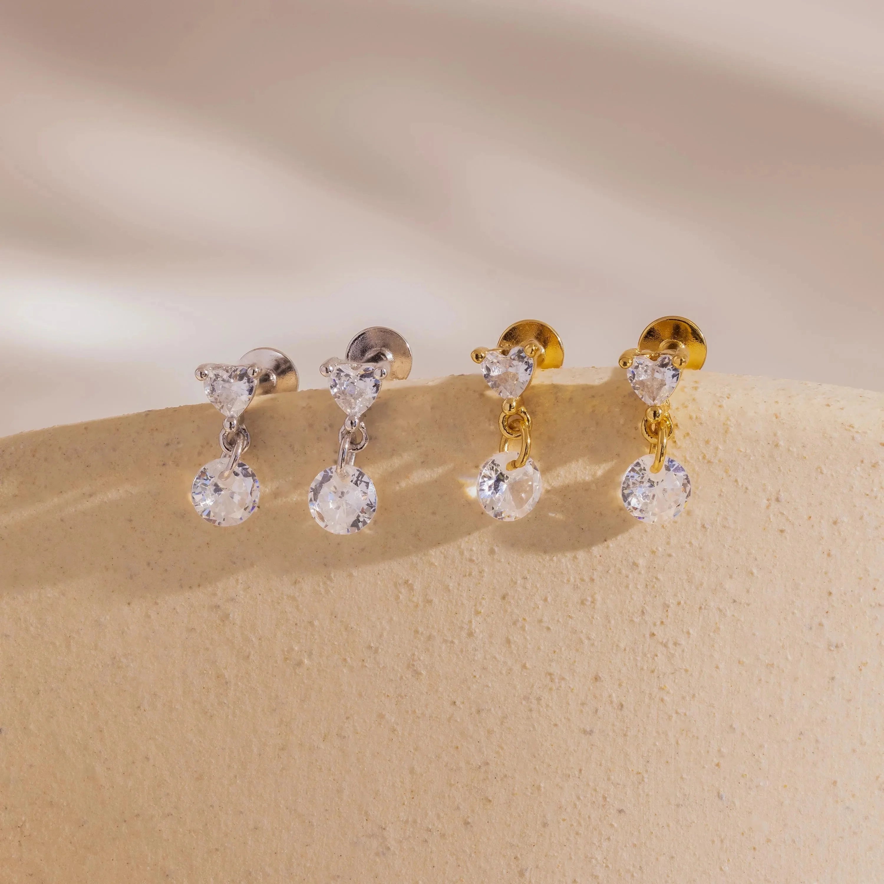 Diamond Heart Drop Flatback Studs Silver 18K Gold Plated