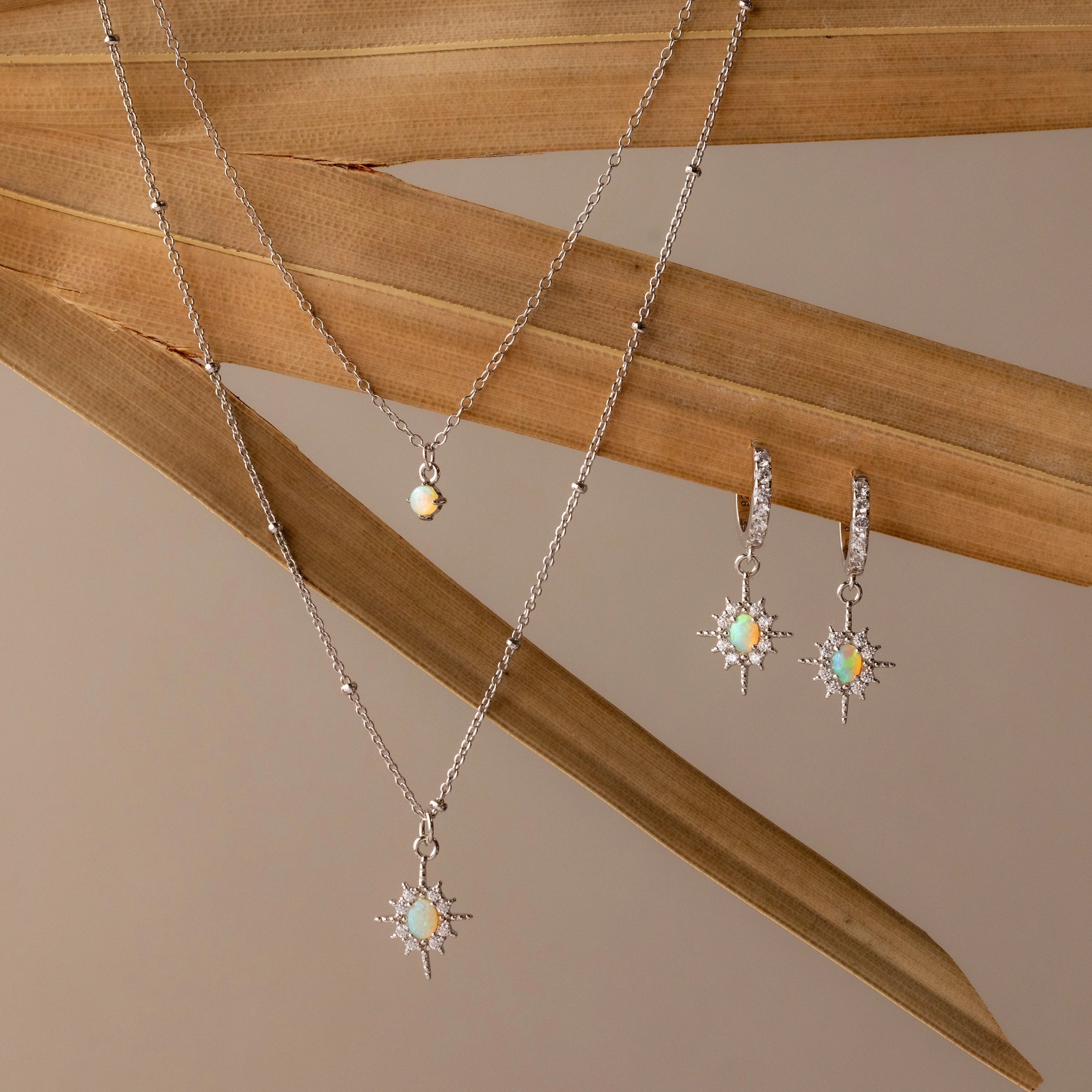 Opal Star Charm Necklace & Earrings Set Silver 18K Gold Plated